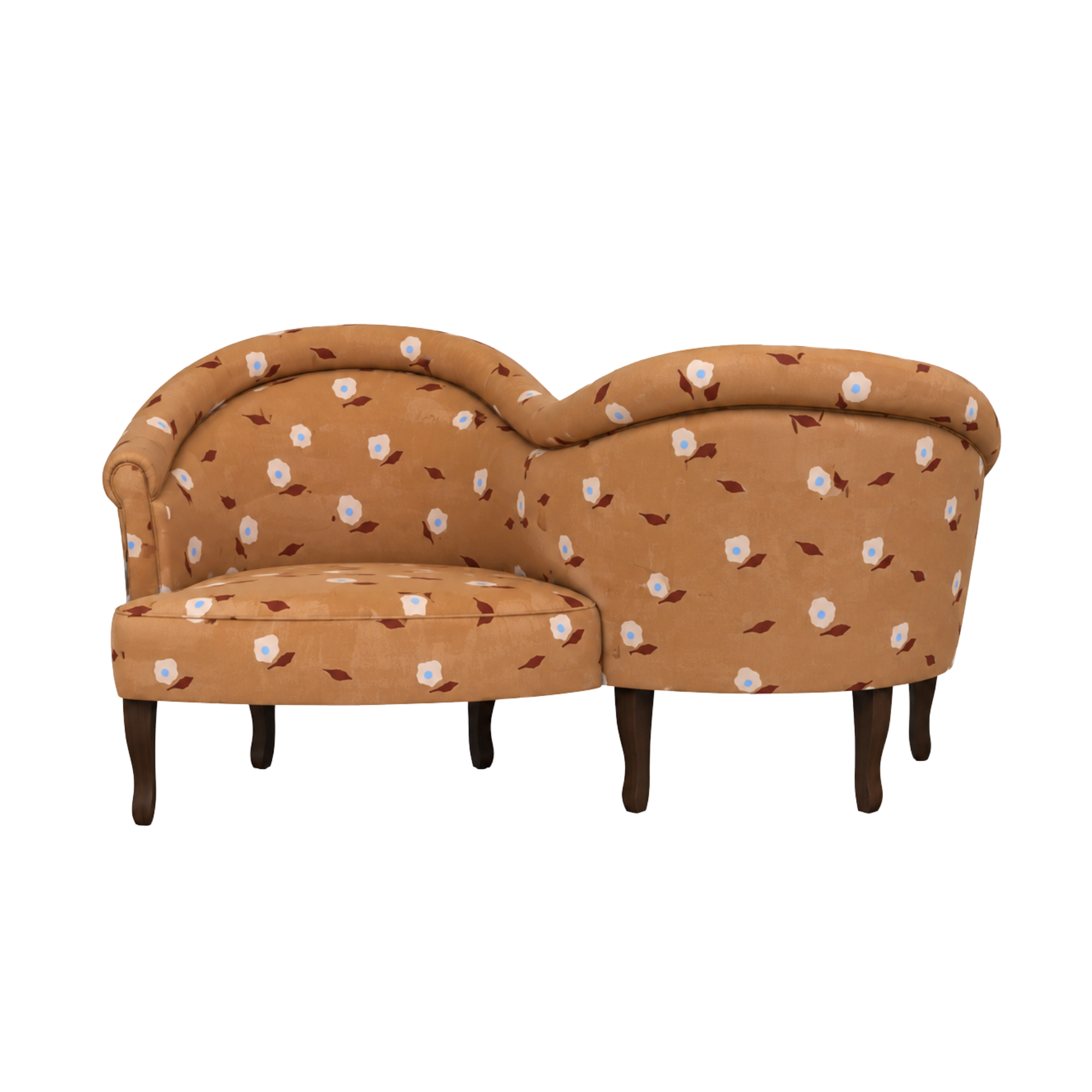 A brown vintage-style sofa with a rounded back and wooden legs, decorated with custom upholstery with a pattern of small white and blue flowers and brown leaves provided by Made Goods.