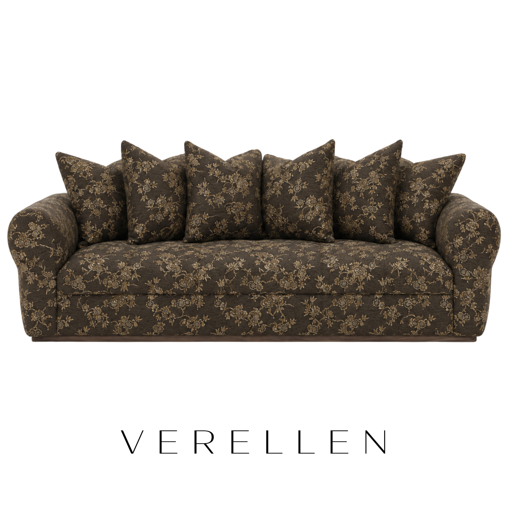 A dark-colored COM custom upholstered Verellen sofa with gold floral patterns, with fabric from Dedar.