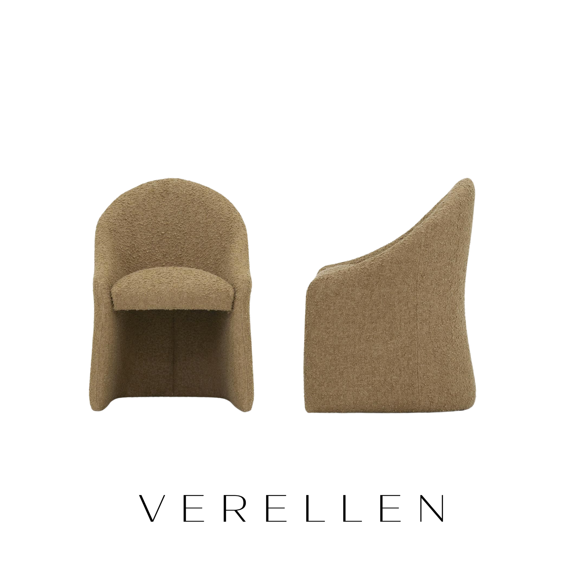 Close-up of a beige velvet-covered armchair with rounded arms and backrest, perfect for dining table, sourced from Verellen.