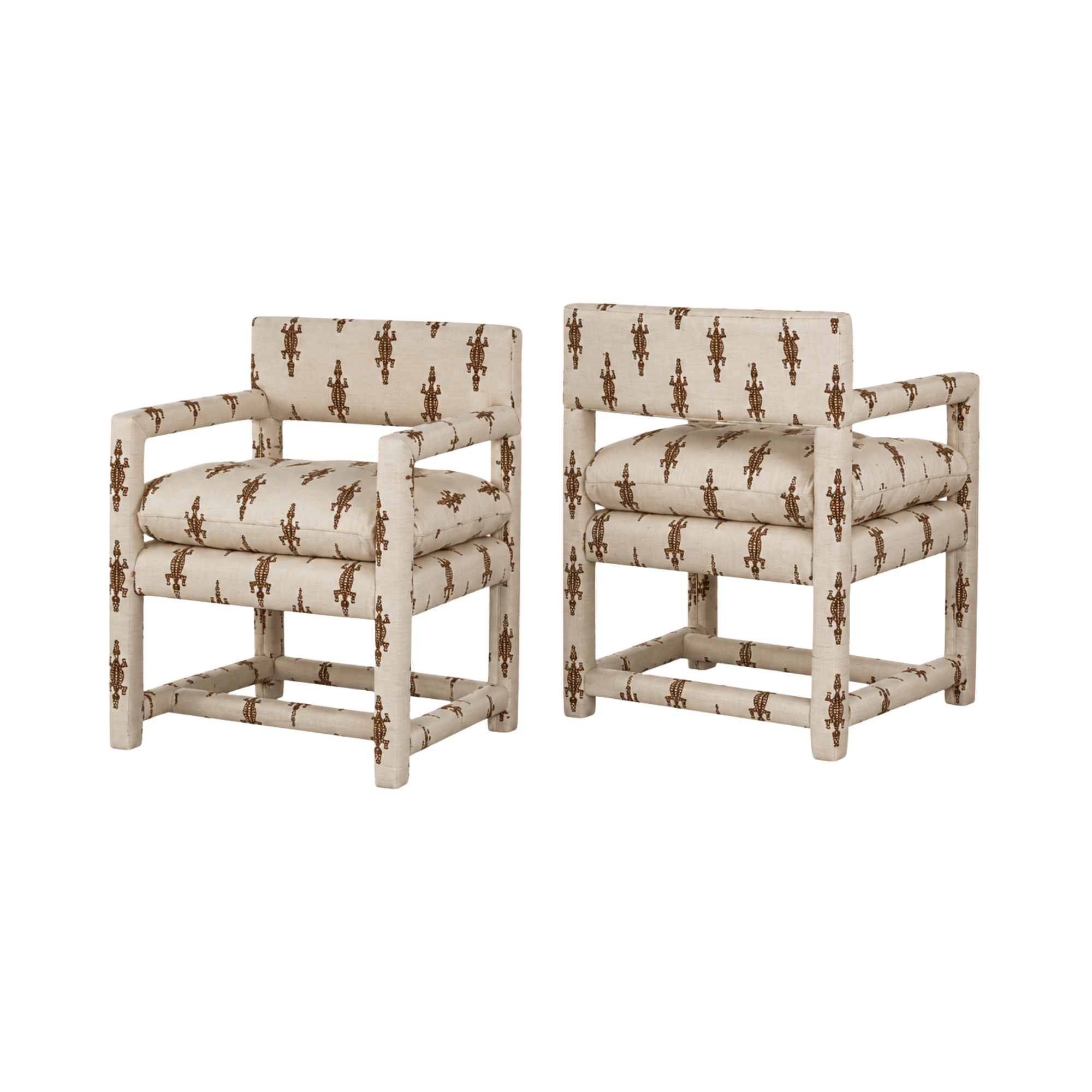 Two Highland House chairs with custom COM beige James Malone upholstery textiles.
