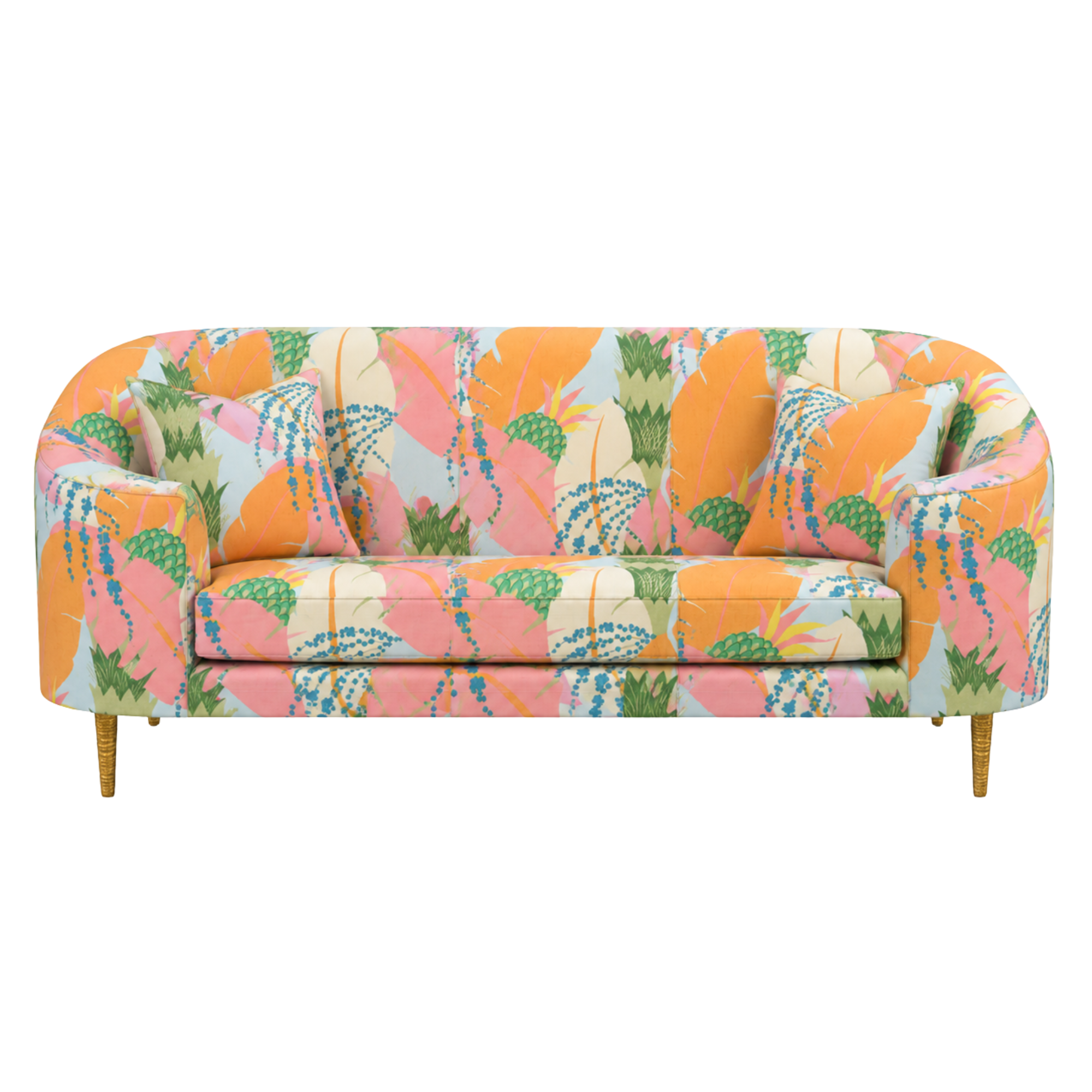A Made Goods custom upholstered COM colorful floral-patterned sofa with cushions and and fabric from JAB textiles.