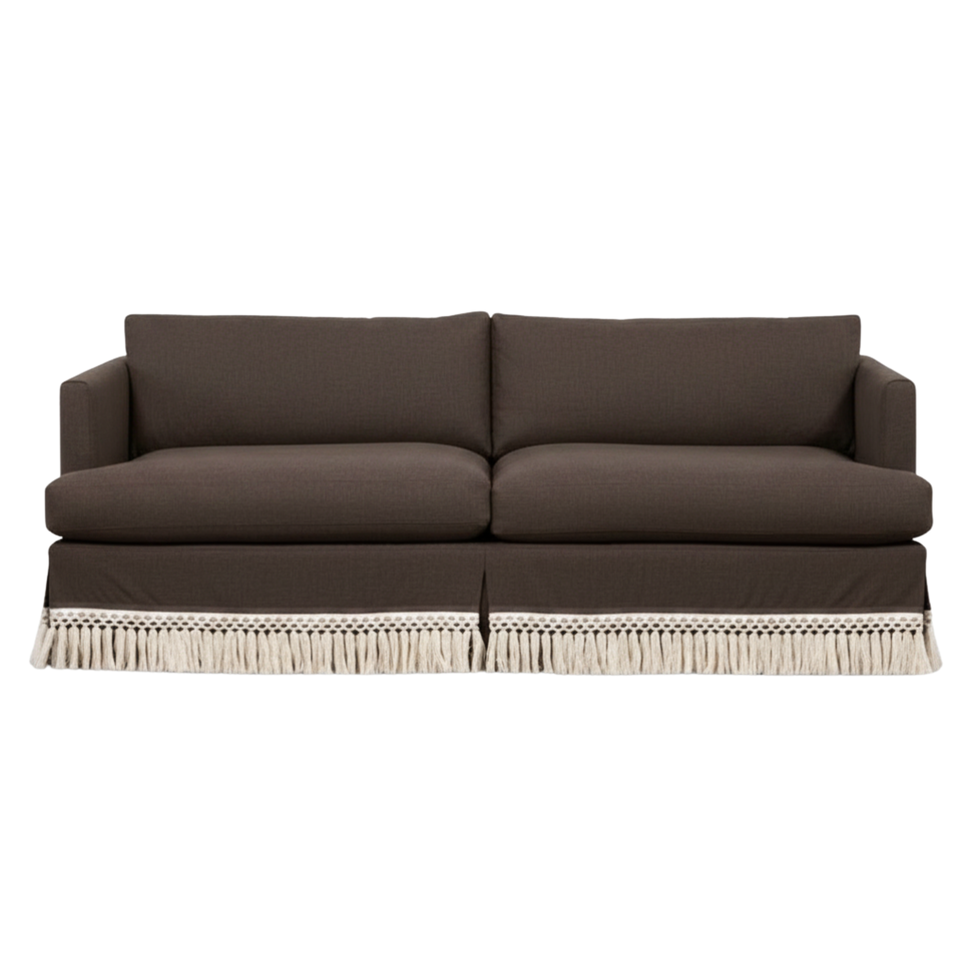 A dark brown custom sofa from LEE Industries with a woven pattern.