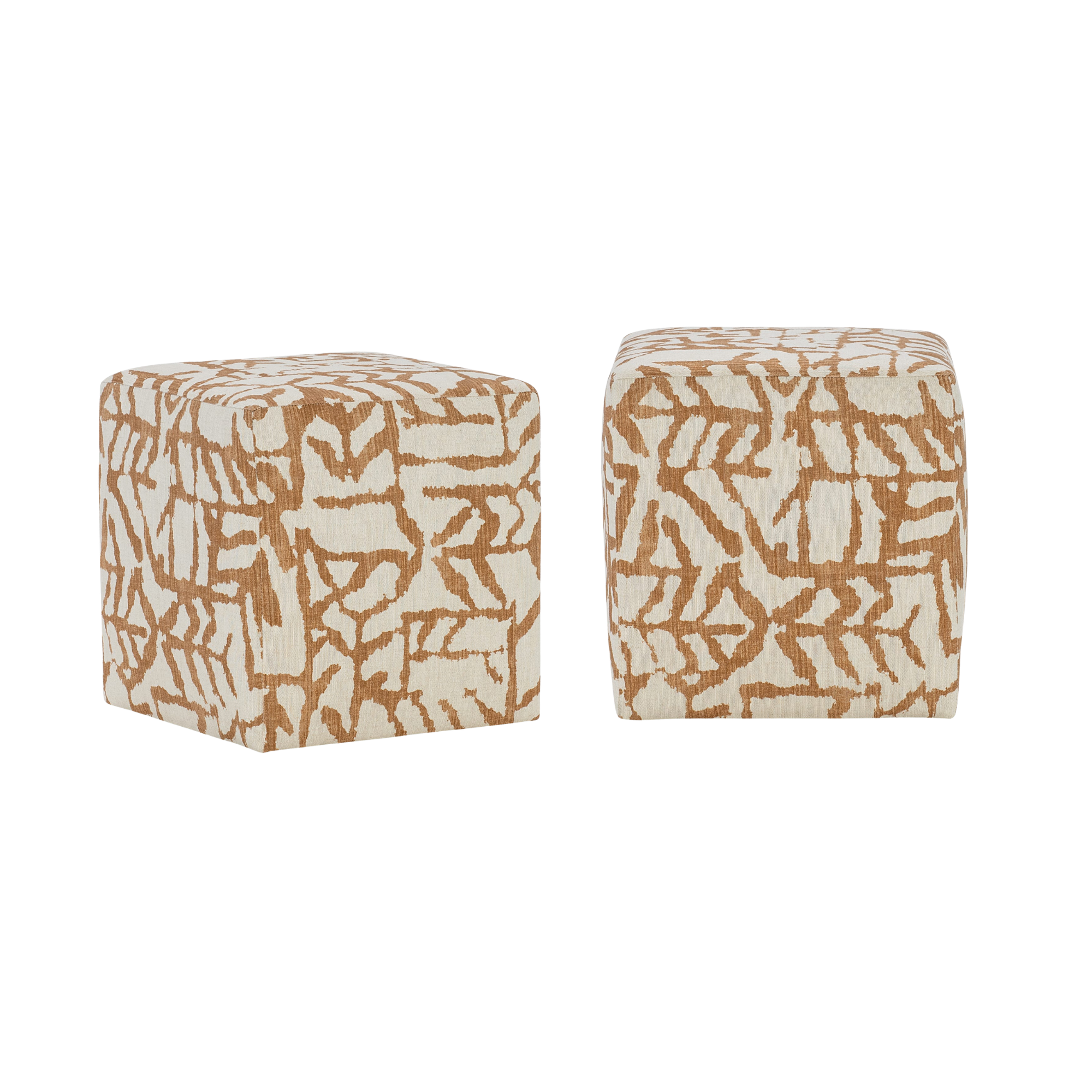 Two square-shaped ottomans with a beige and brown giraffe pattern from hooker furnishings.