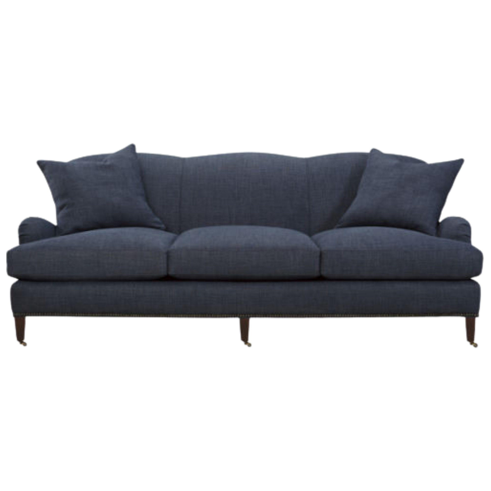 A dark blue custom sofa with two matching pillows set against a plain white wall from lee industries.