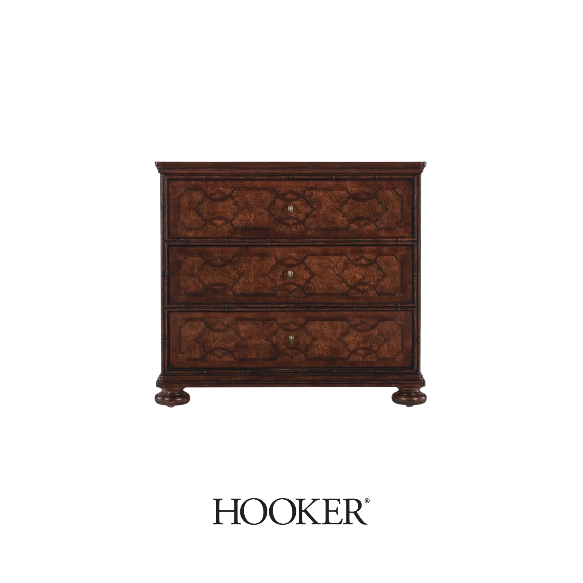 A wooden dresser with three drawers and metal handles, traditional design from Hooker Furnishings.