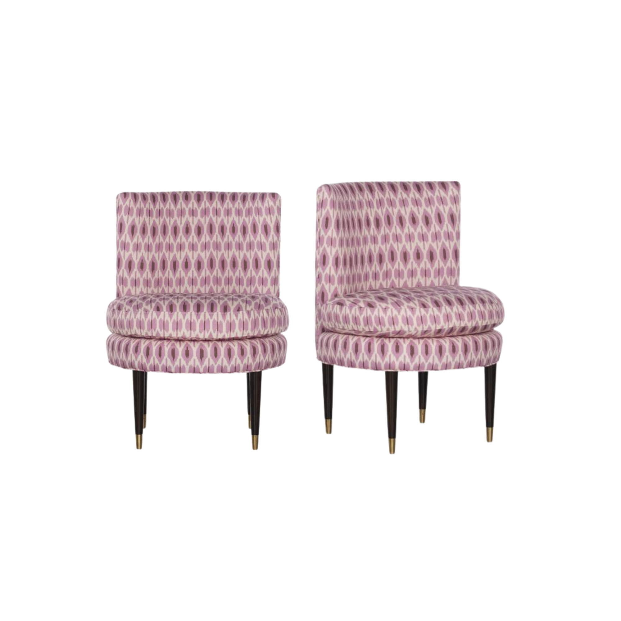 Two pink patterned chairs with gold-tipped black legs custom made by Highland House.