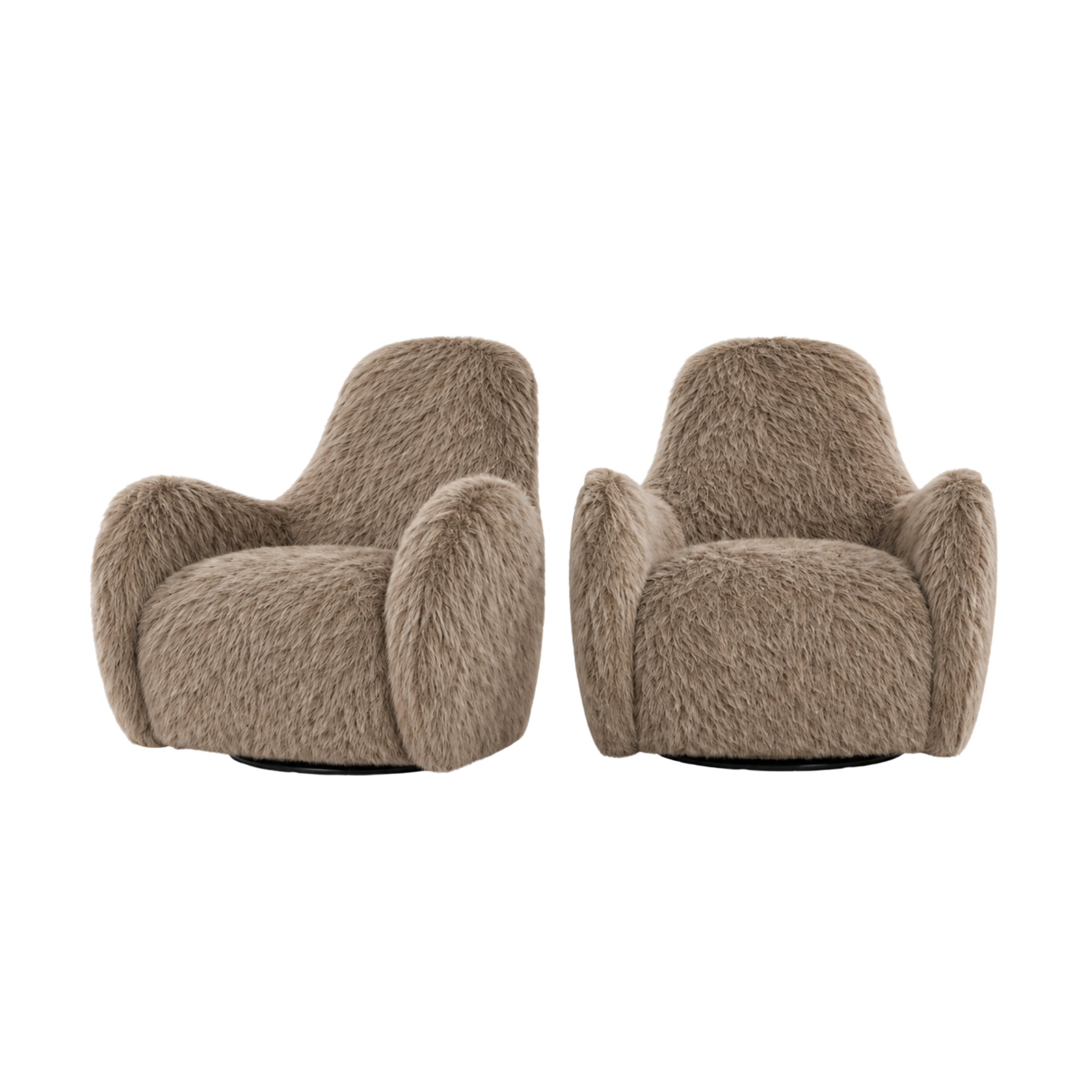Two brown plush swivel chairs from Bernhardt with custom Sanderson fabric.