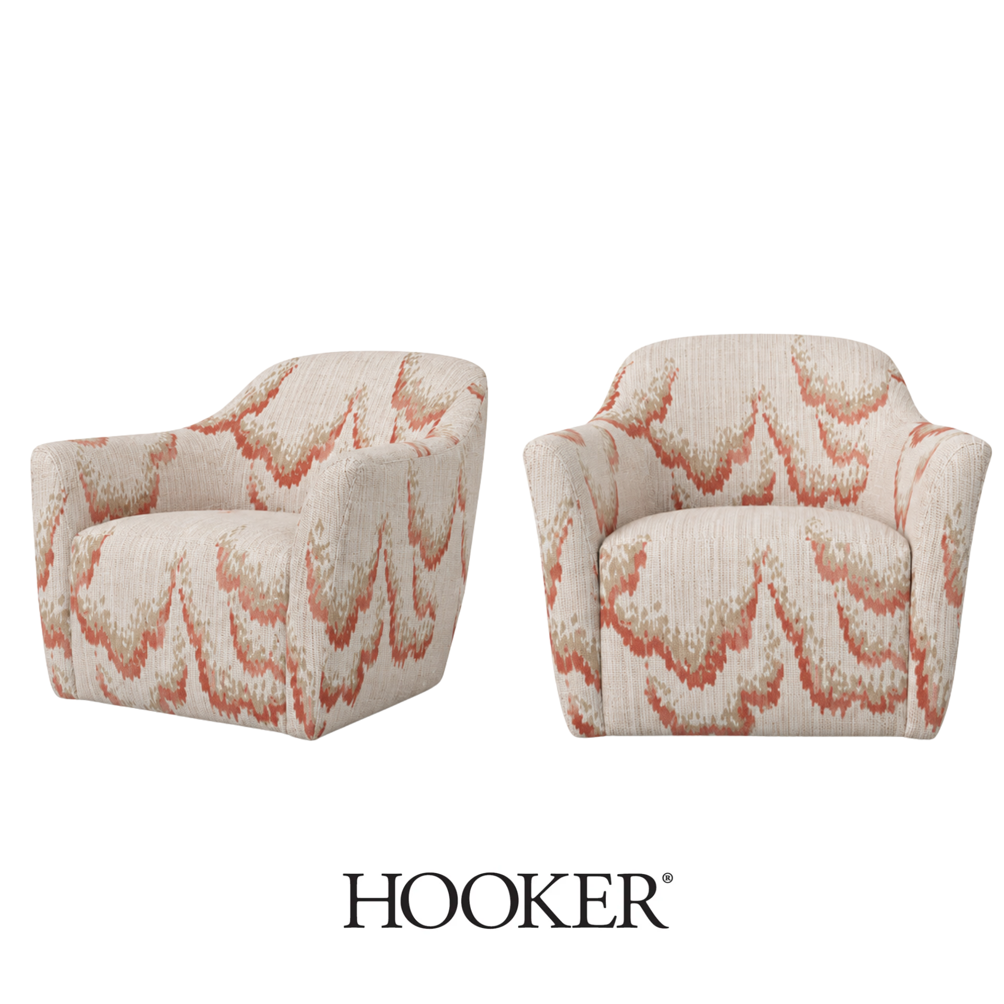 Two COM custom upholstered beige swivel armchairs with a red and beige zigzag modern fabric from Mag Fabrics, provided by Hooker Furniture.