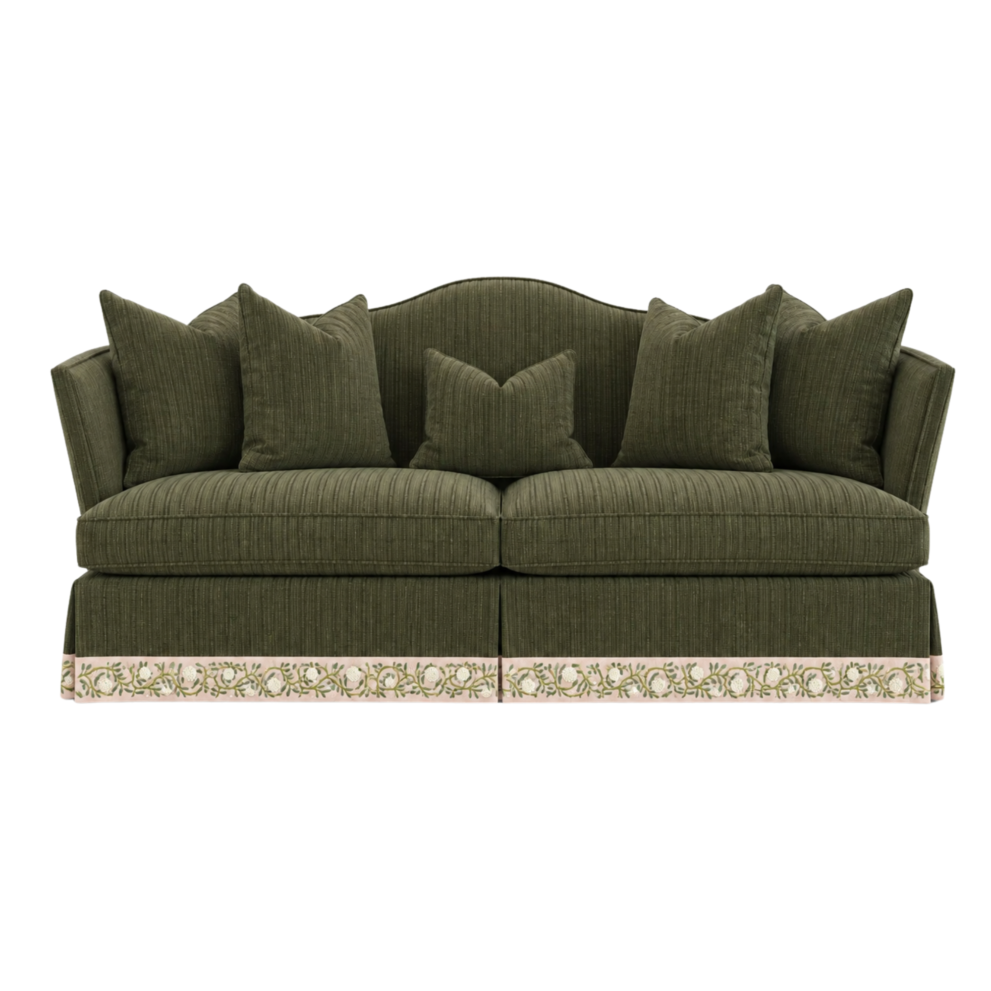 Green upholstered and customized Highland House sofa with fabric from Schumacher textiles.
