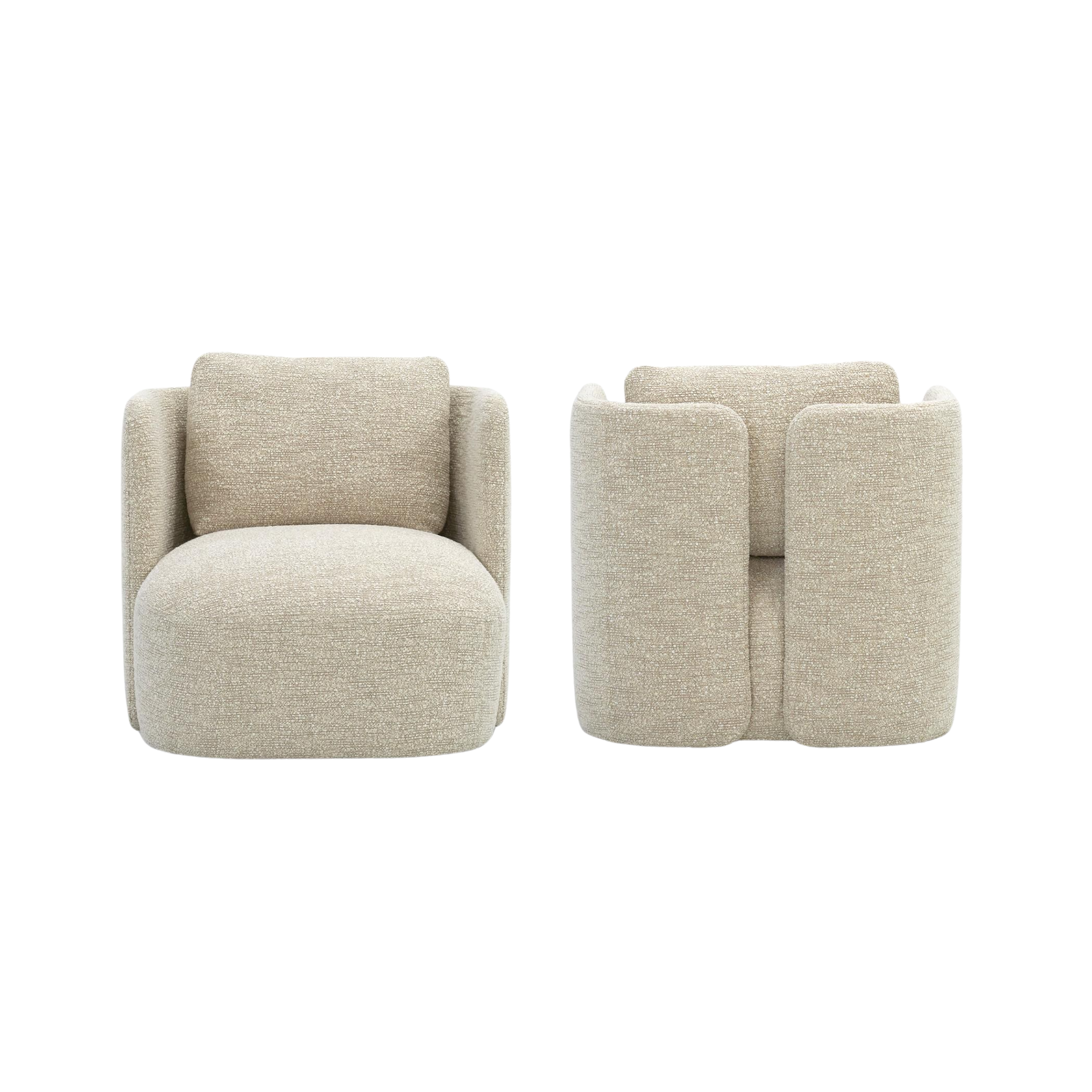 Two modern beige upholstered armchairs with rounded edges and textured fabric with designer COM from verellen furniture.