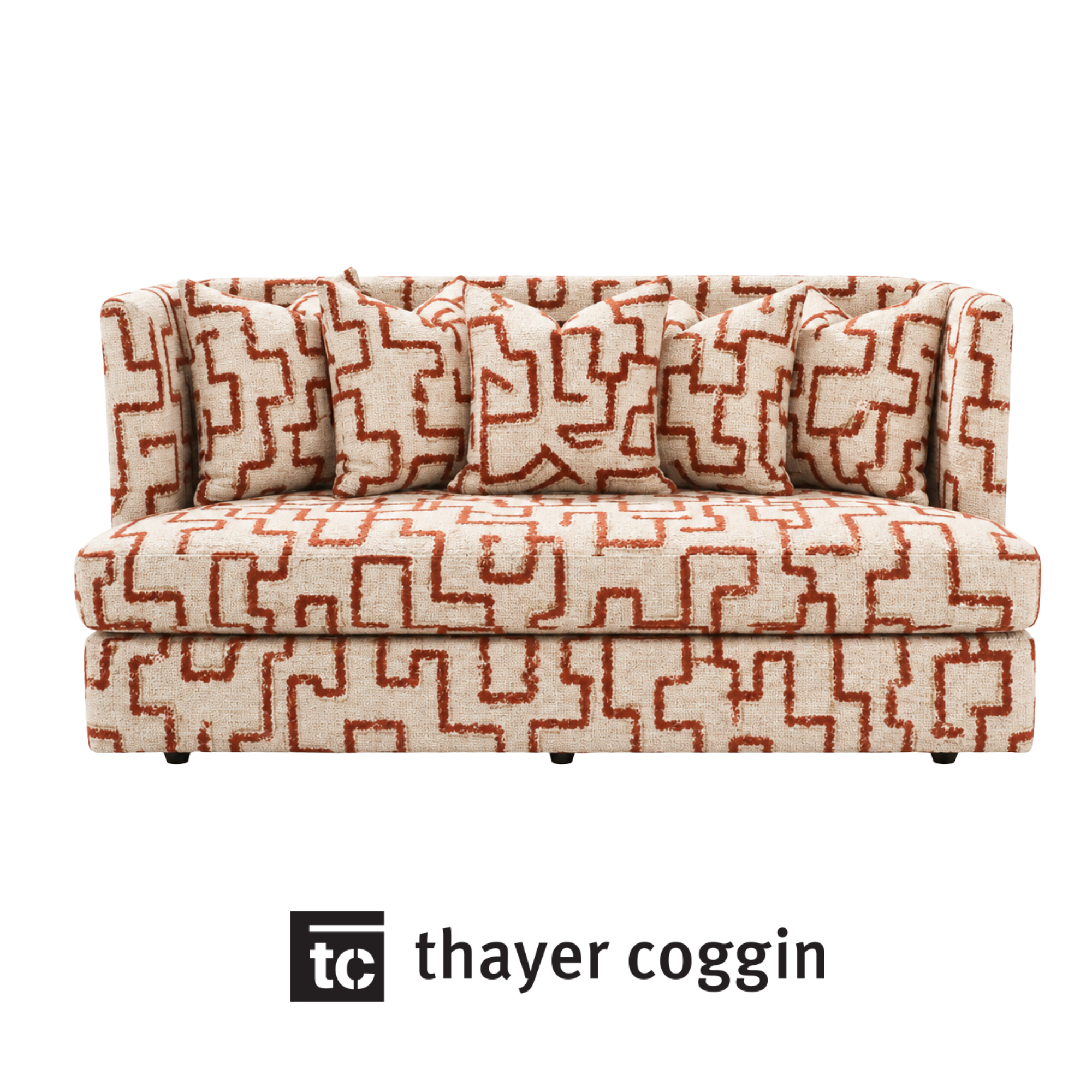 A modern armless apartment sofa from Thayer Coggin with custom fabric from Kravet textiles