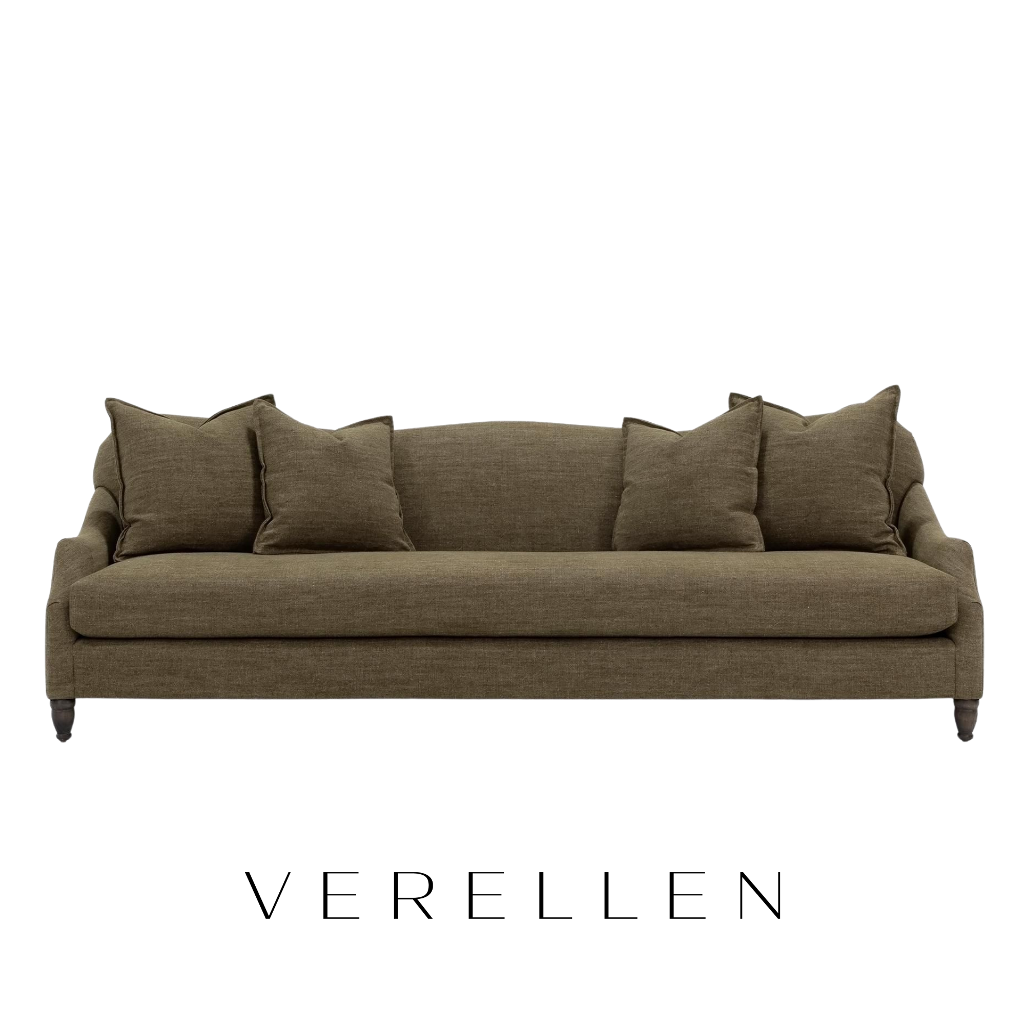 A high-end custom brown sofa with multiple throw pillows made by Verellen.