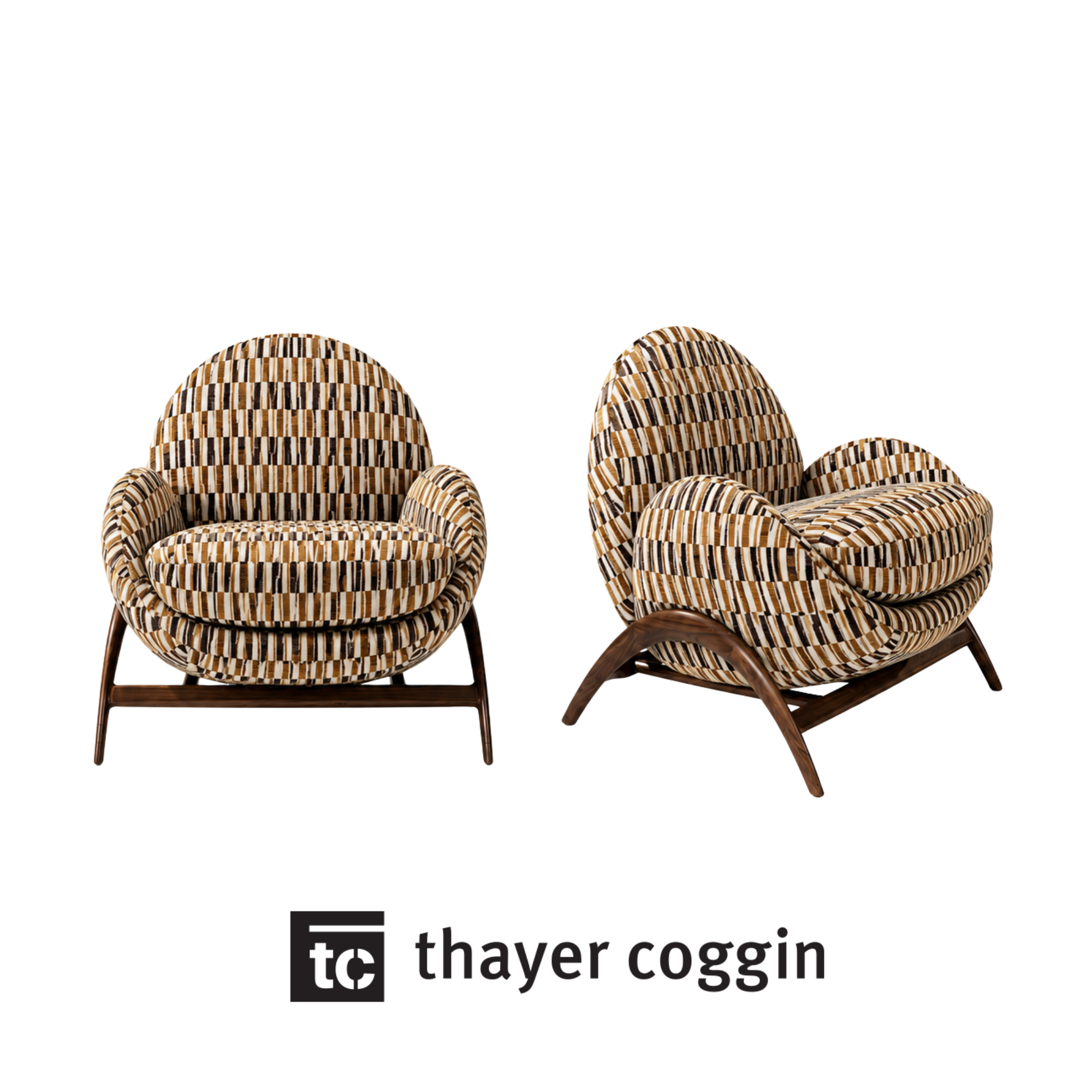 Two custom upholstered modern lounge chairs from Thayer Coggin with custom fabric from JAB textiles.