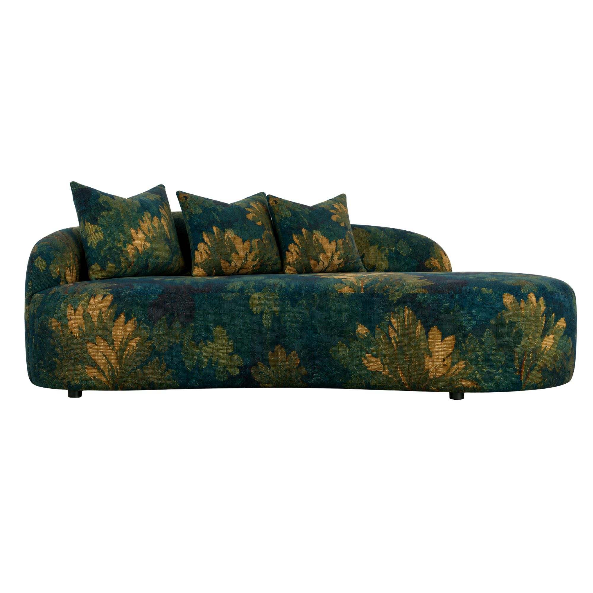 A customized upholstered Bernhardt furniture sofa with patterned Logan Montgomery textiles with cushions in shades of green, gold, and dark blue.