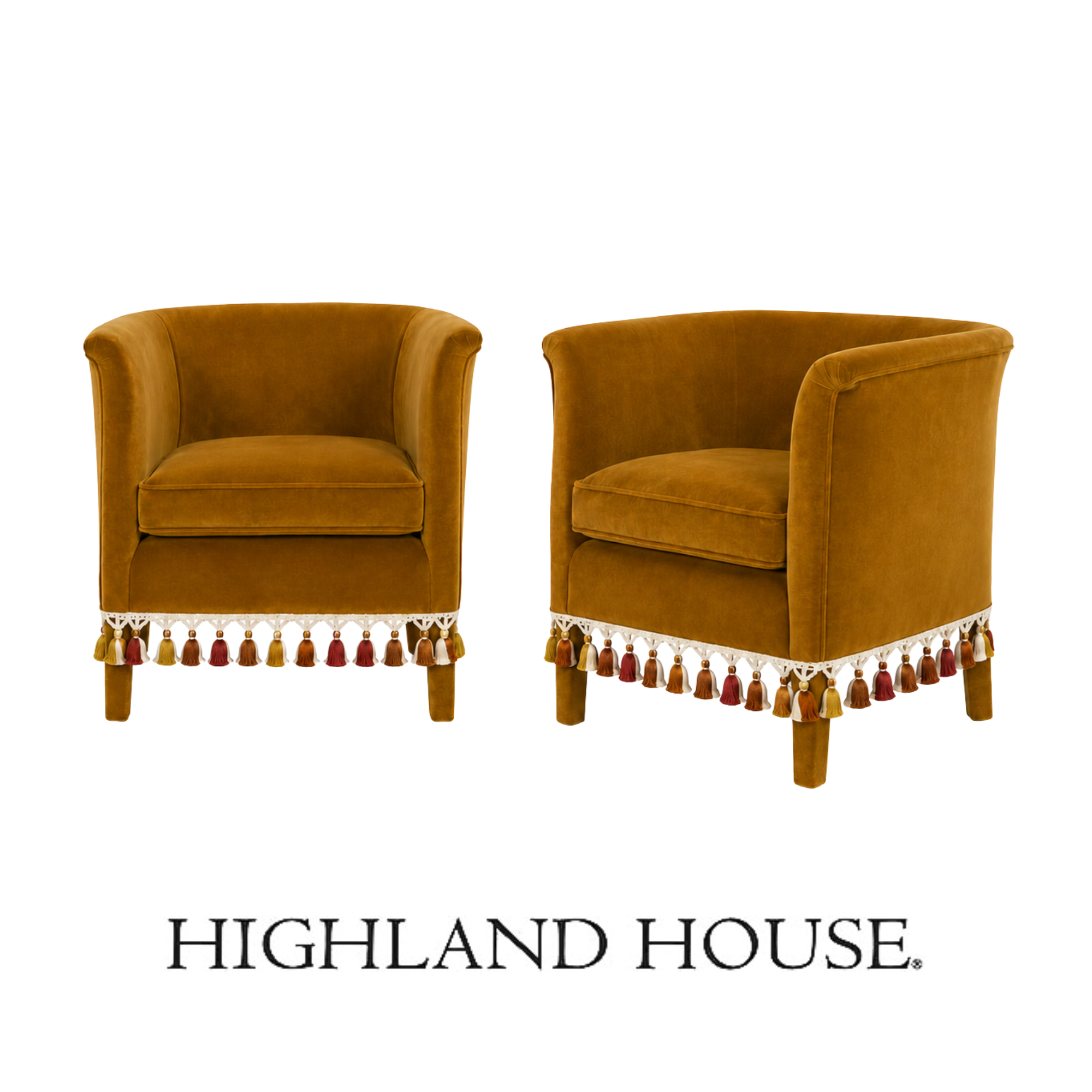 Two upholstered armchairs with a tassel fringe at the base, custom made from Highland house with the fabric and custom tassels from Schumacher.