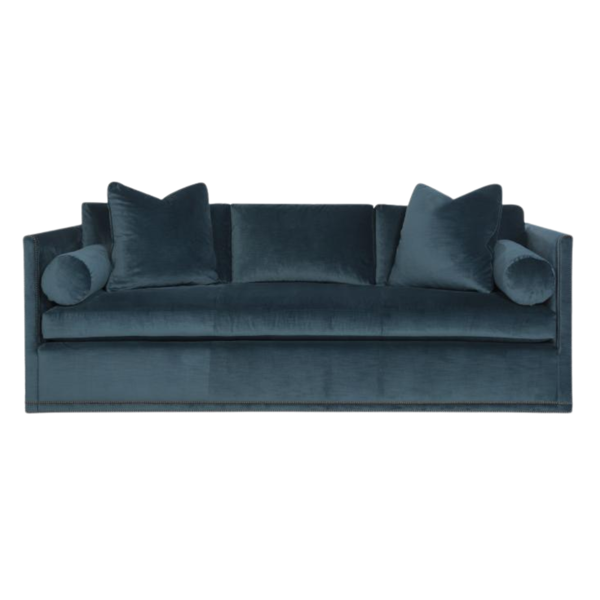 A dark blue velvet sofa with matching pillows sourced from Highland House.