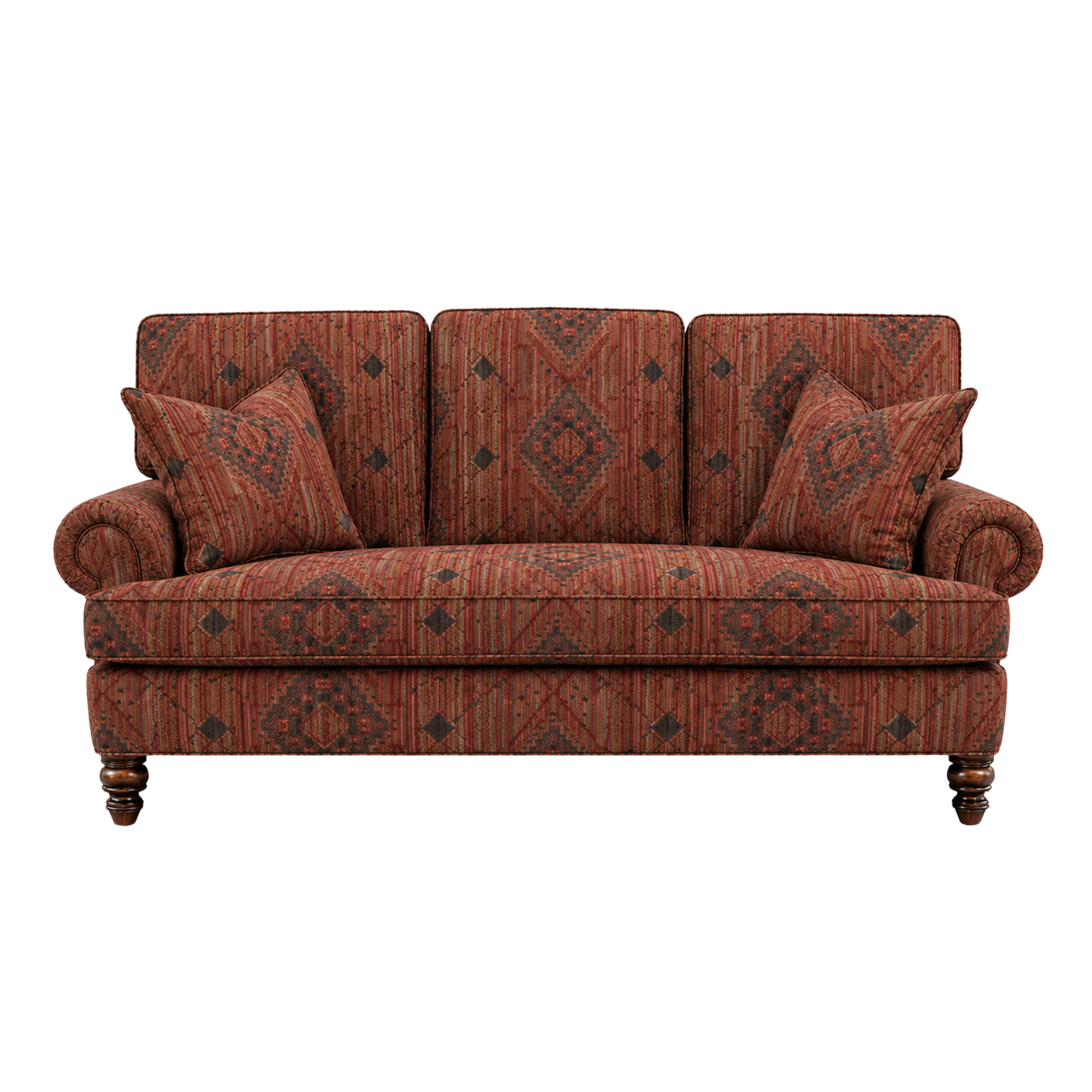 A Hickory White sofa with patterned custom upholstery and matching pillows, with COM fabric from Sister Parish.