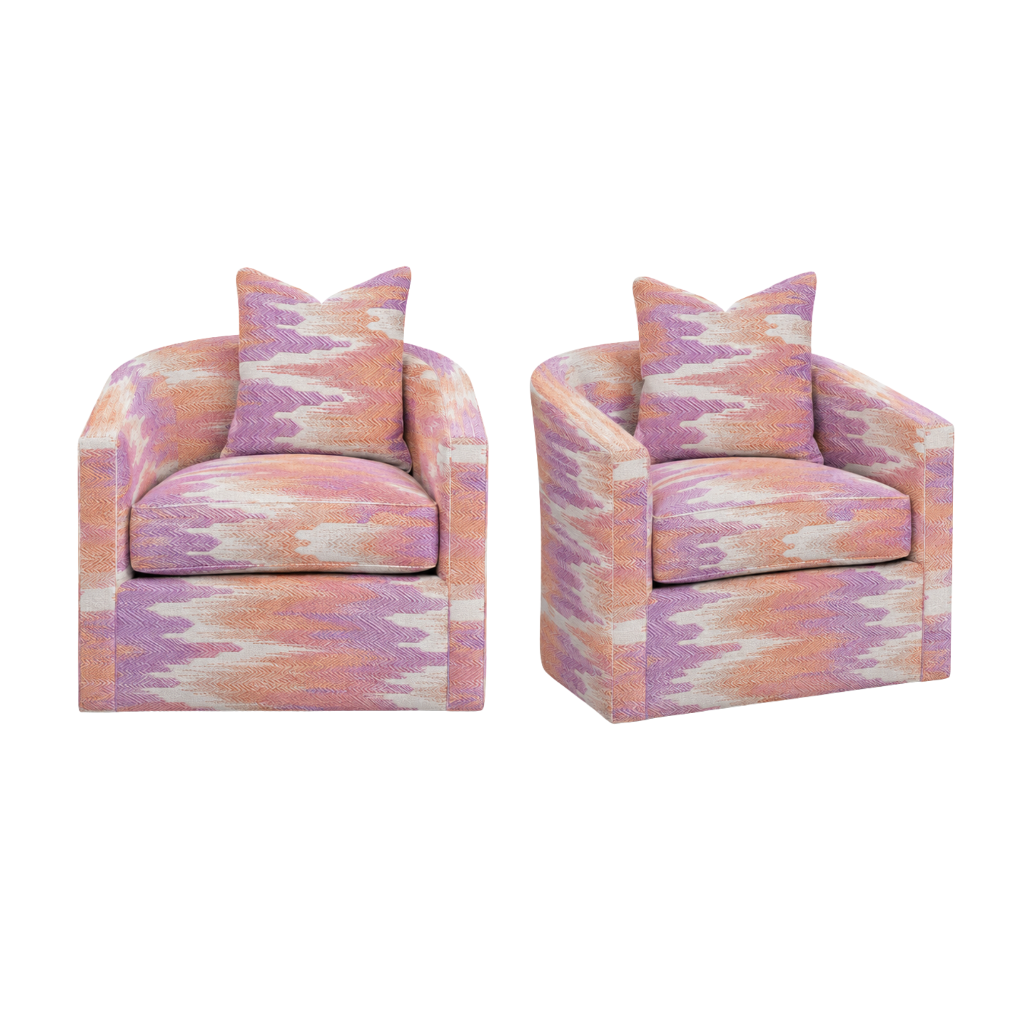A pair of swivel chairs from Highland House customized and upholstered with Kravet fabric.