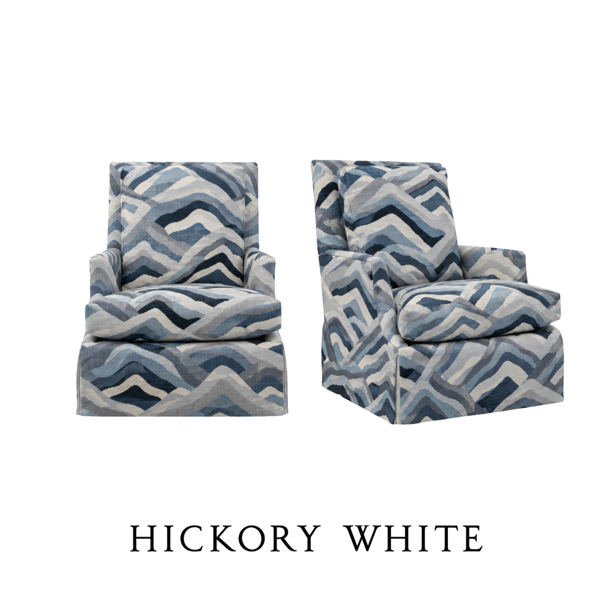 Two swivel arm chairs with blue, white, and gray abstract patterned custom upholstered in Schumacher fabric bespoke created by Hickory White.
