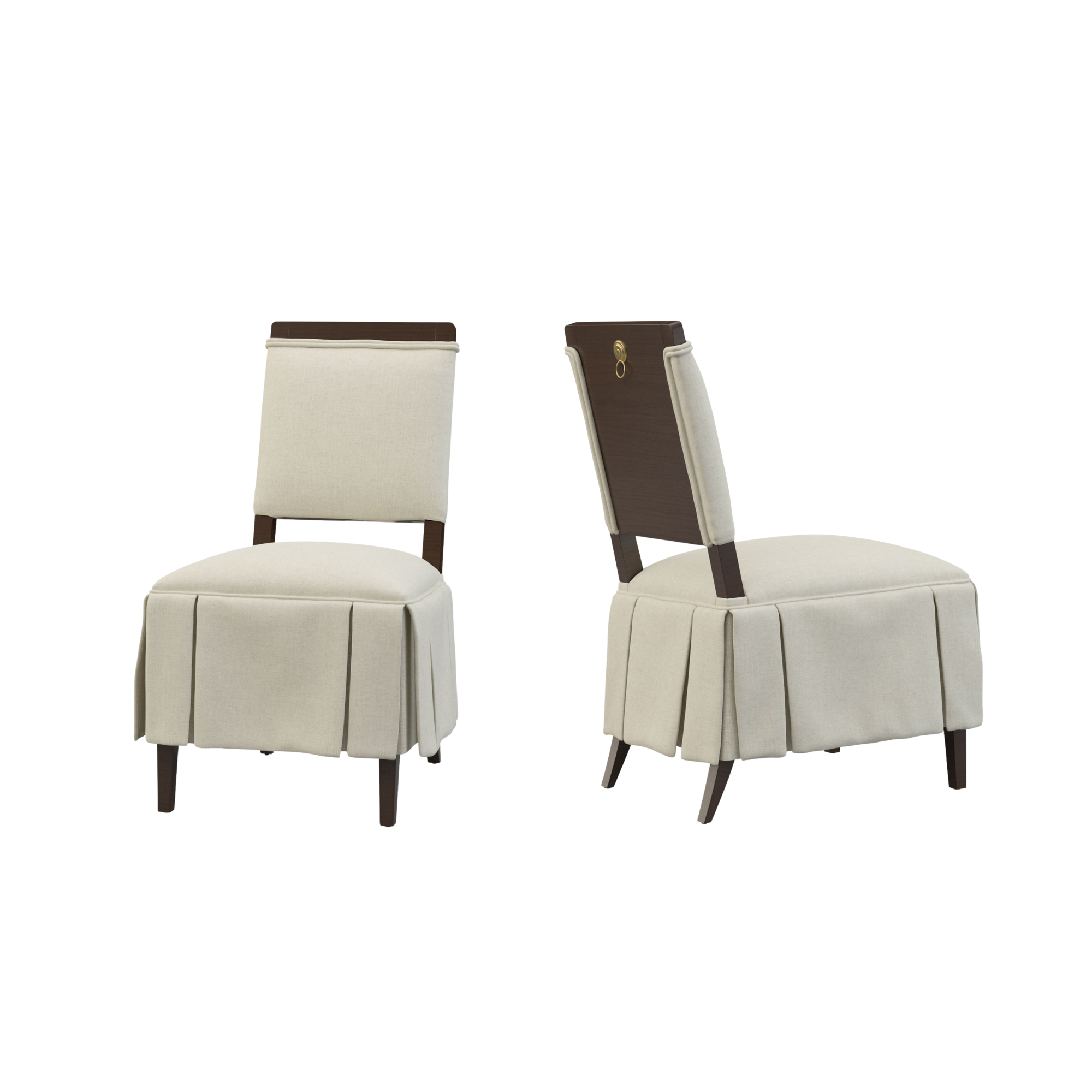 Four dining chairs with cream-colored upholstery and wooden legs, two with dark brown heads and one with a keyhole decorative element on the backrest made by Hickory White.