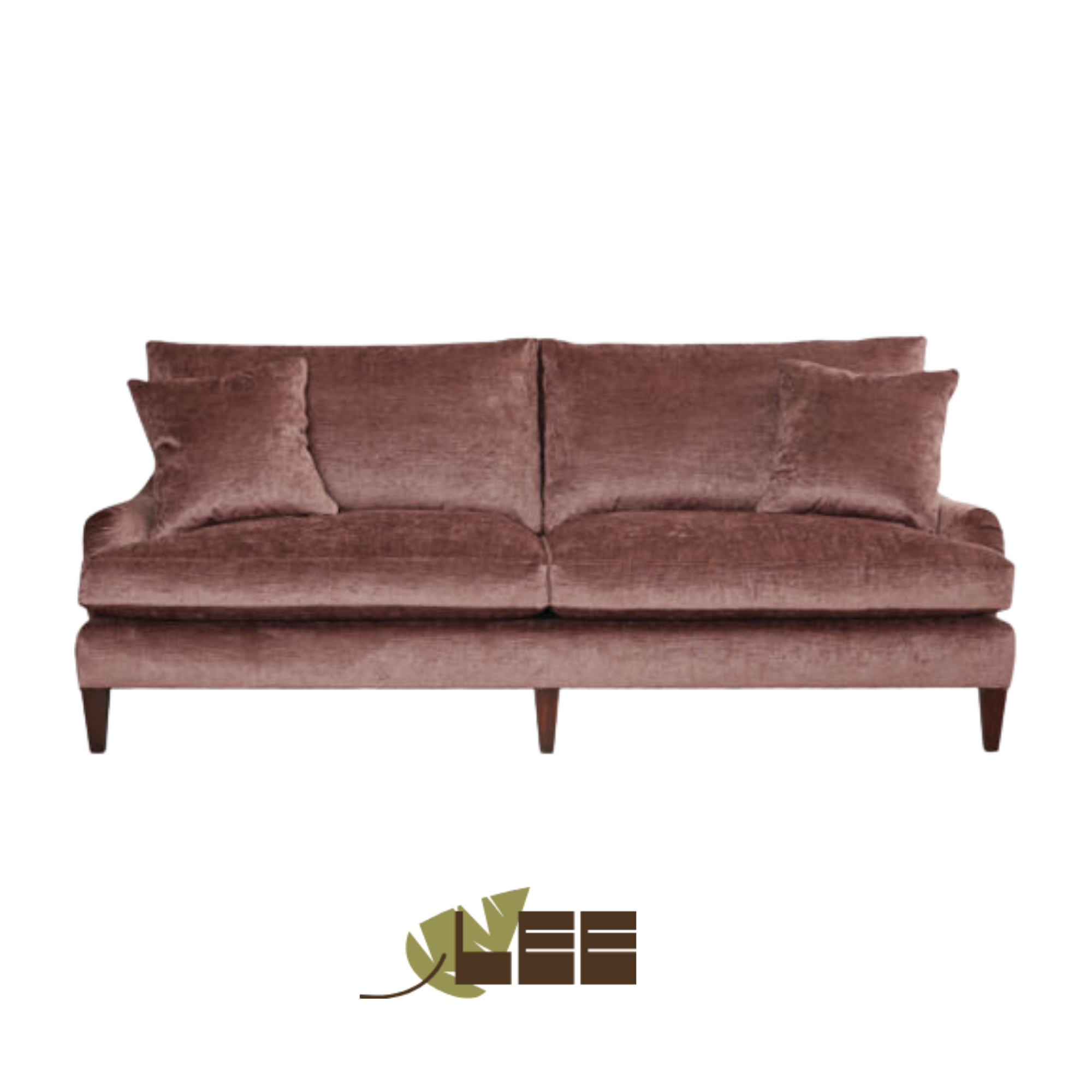 A brown sofa made by LEE Industries with three matching cushions in a living room setting.