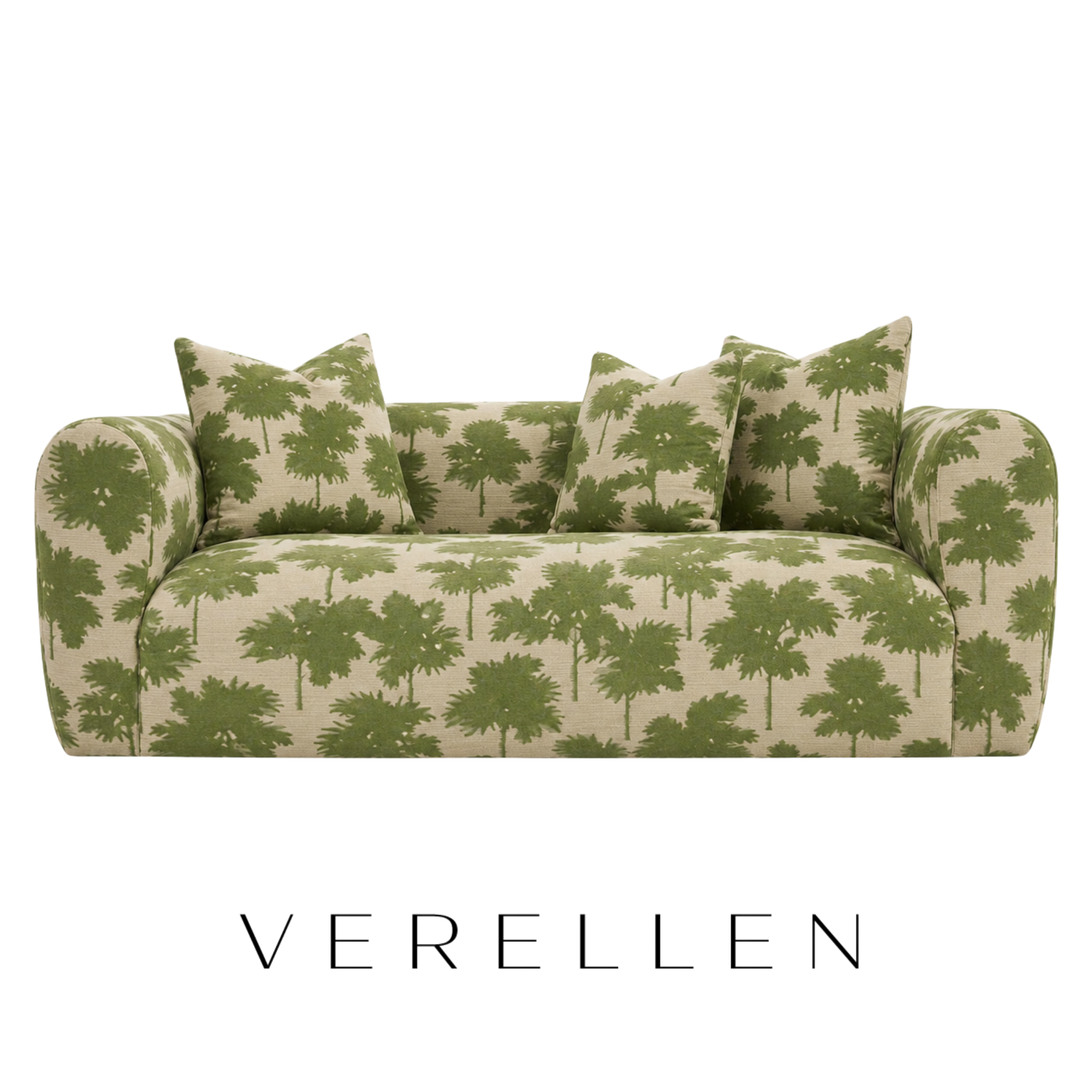 Green and beige Verellen furniture custom COM upholstered sofa with matching floral cushions in Dedar fabric.