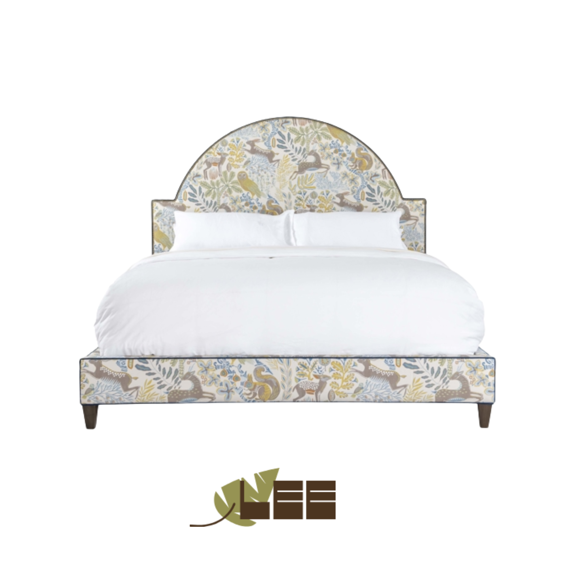 A headboard with a nature-inspired pattern featuring birds, leaves, and animals, paired with white pillows and bedding, COM customers own material.