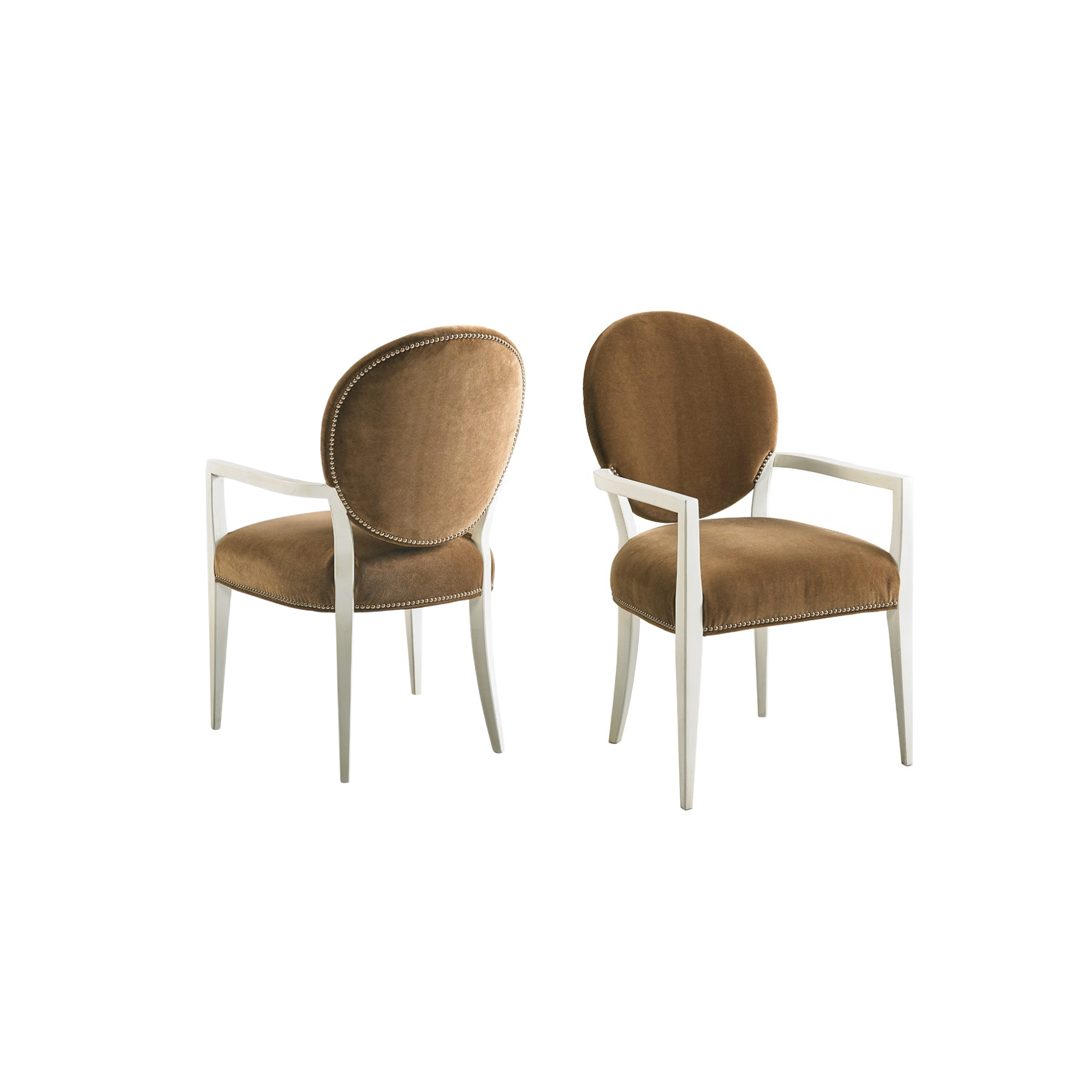 Two brown upholstered Hickory White chairs with white frames and nailhead trim.