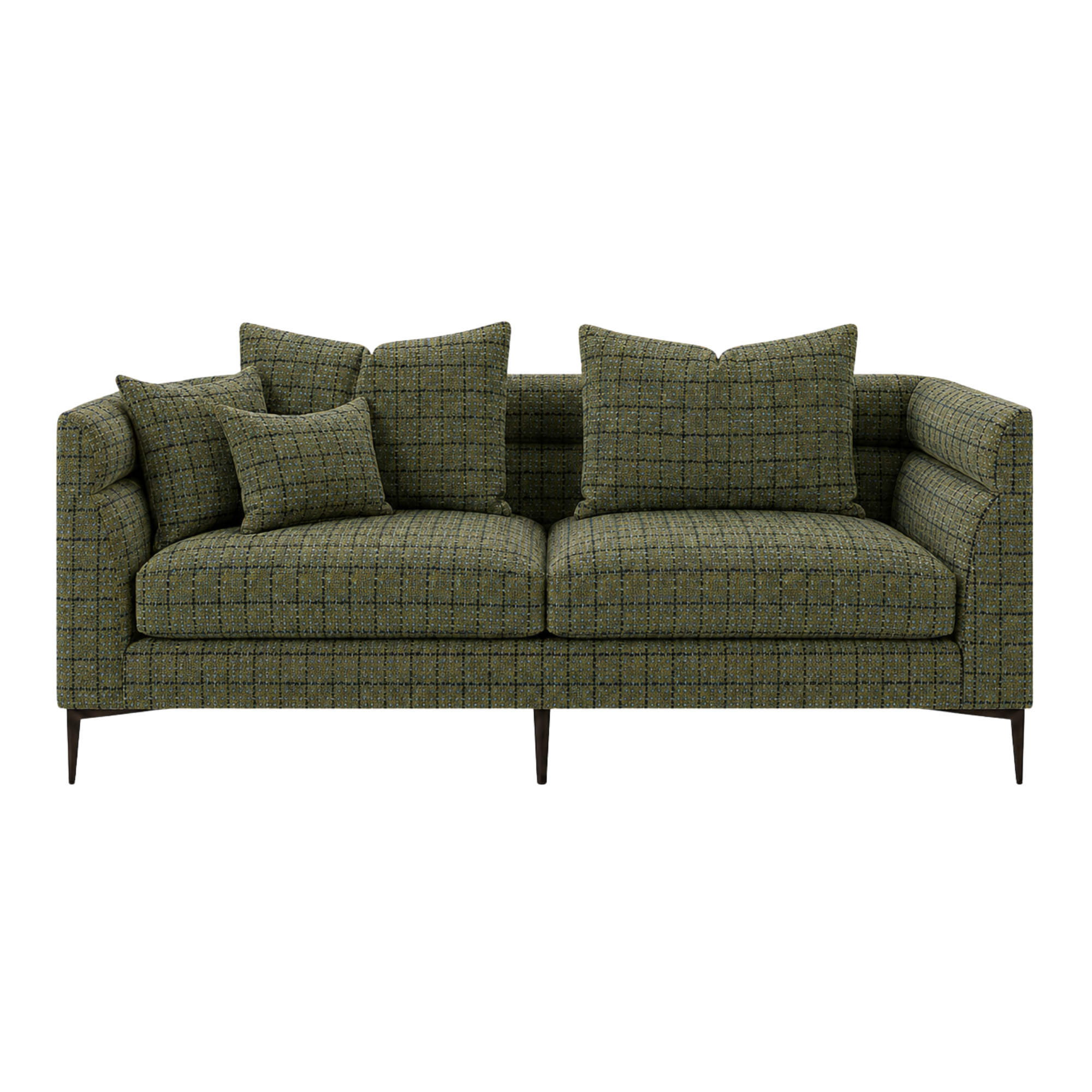 A modern Thayer Coggin apartment sofa COM customized with Kravet fabric.