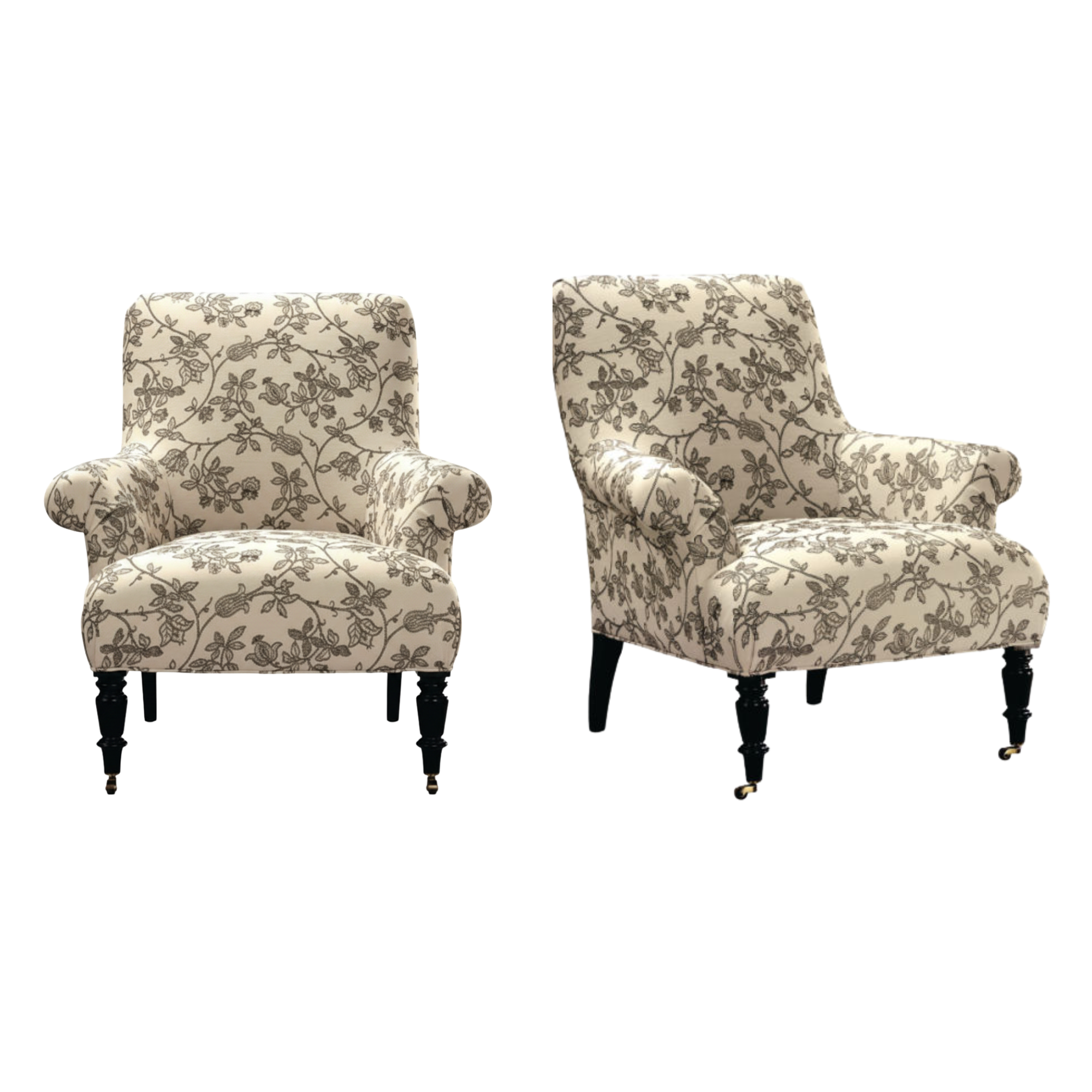 Two armchairs with floral upholstery and wooden legs custom made by lee industries.