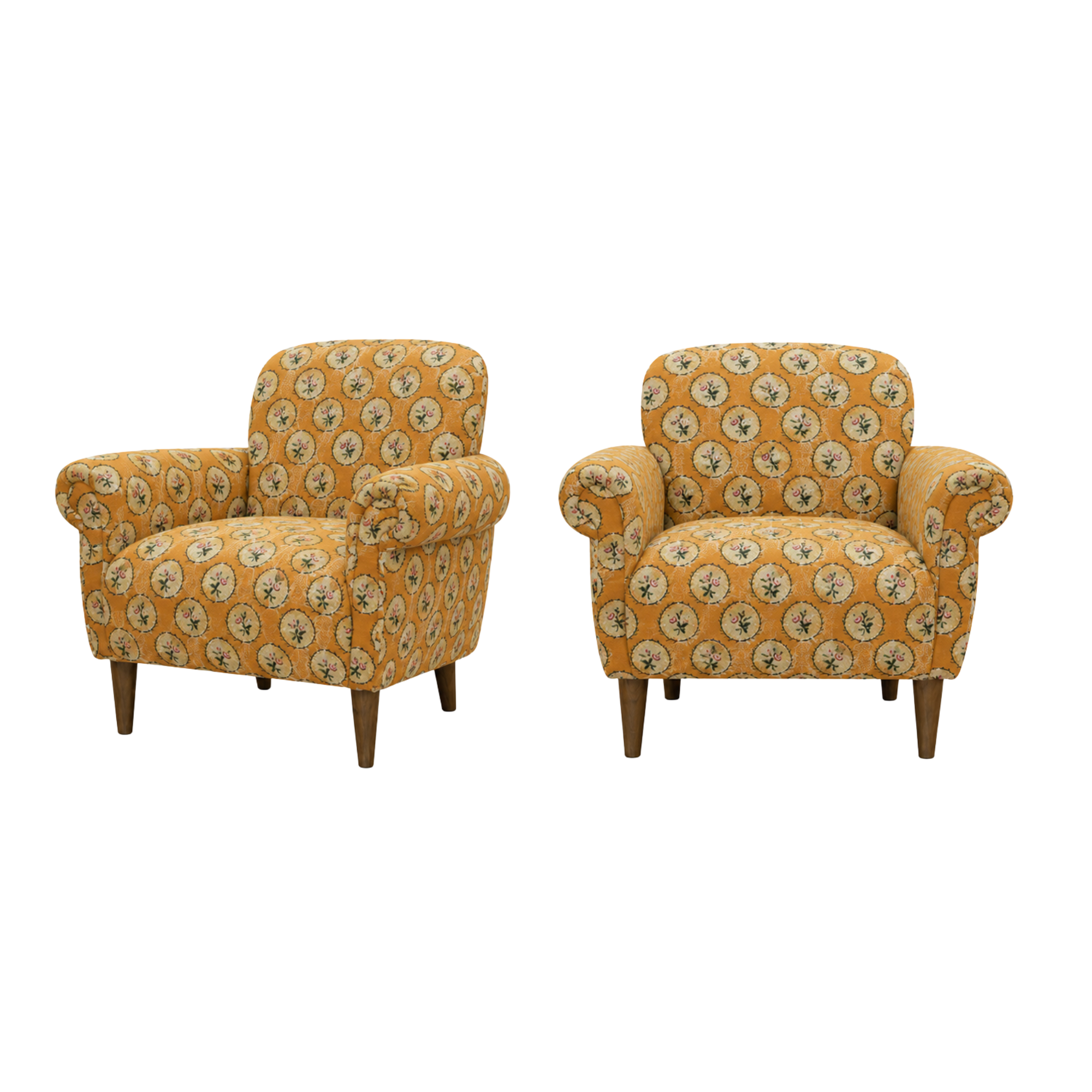 Two vintage style upholstered armchairs in James Malone fabric COM customized by Hooker Furnishings.