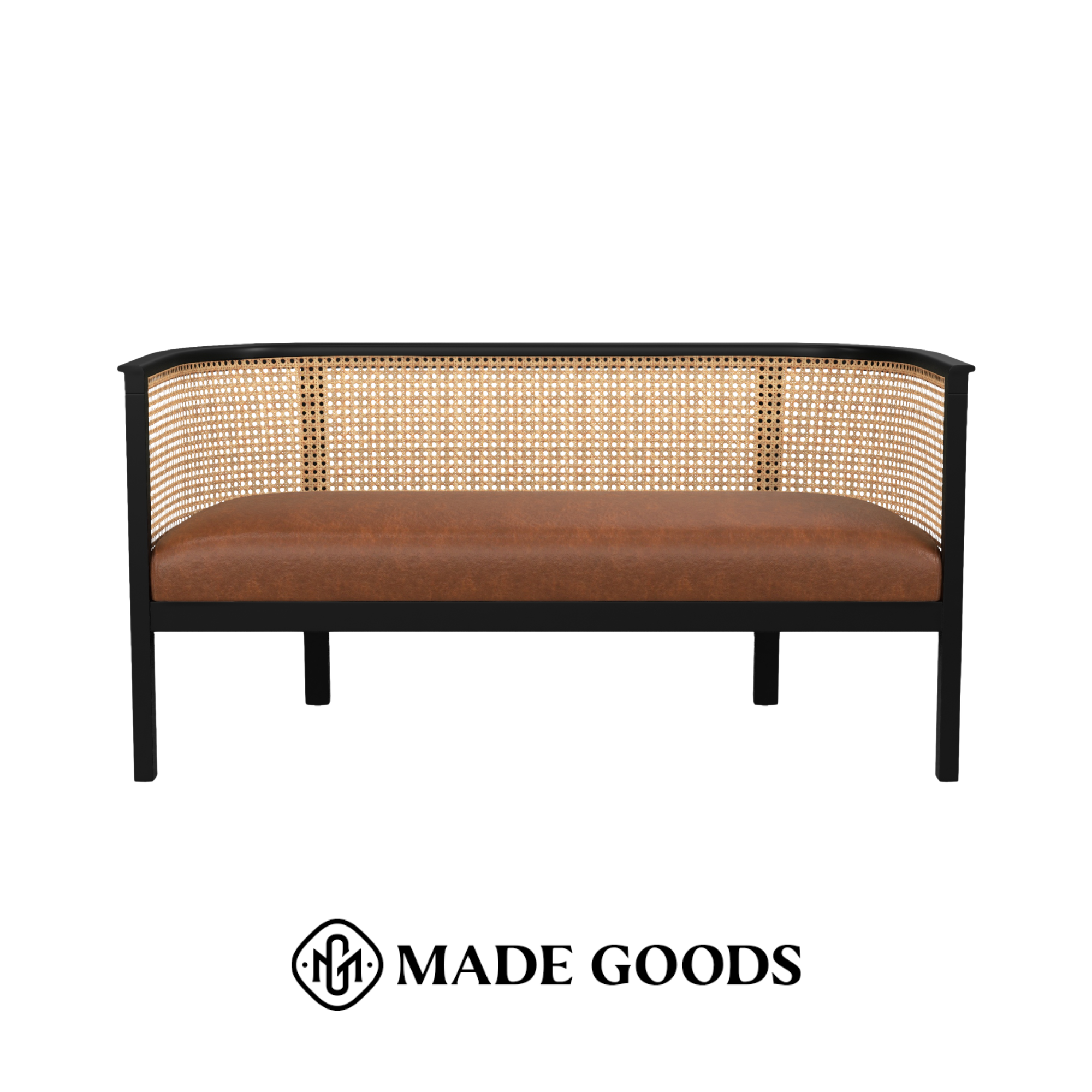 A black-framed piece of furniture with a woven rattan backrest and a wooden surface from Made Goods.
