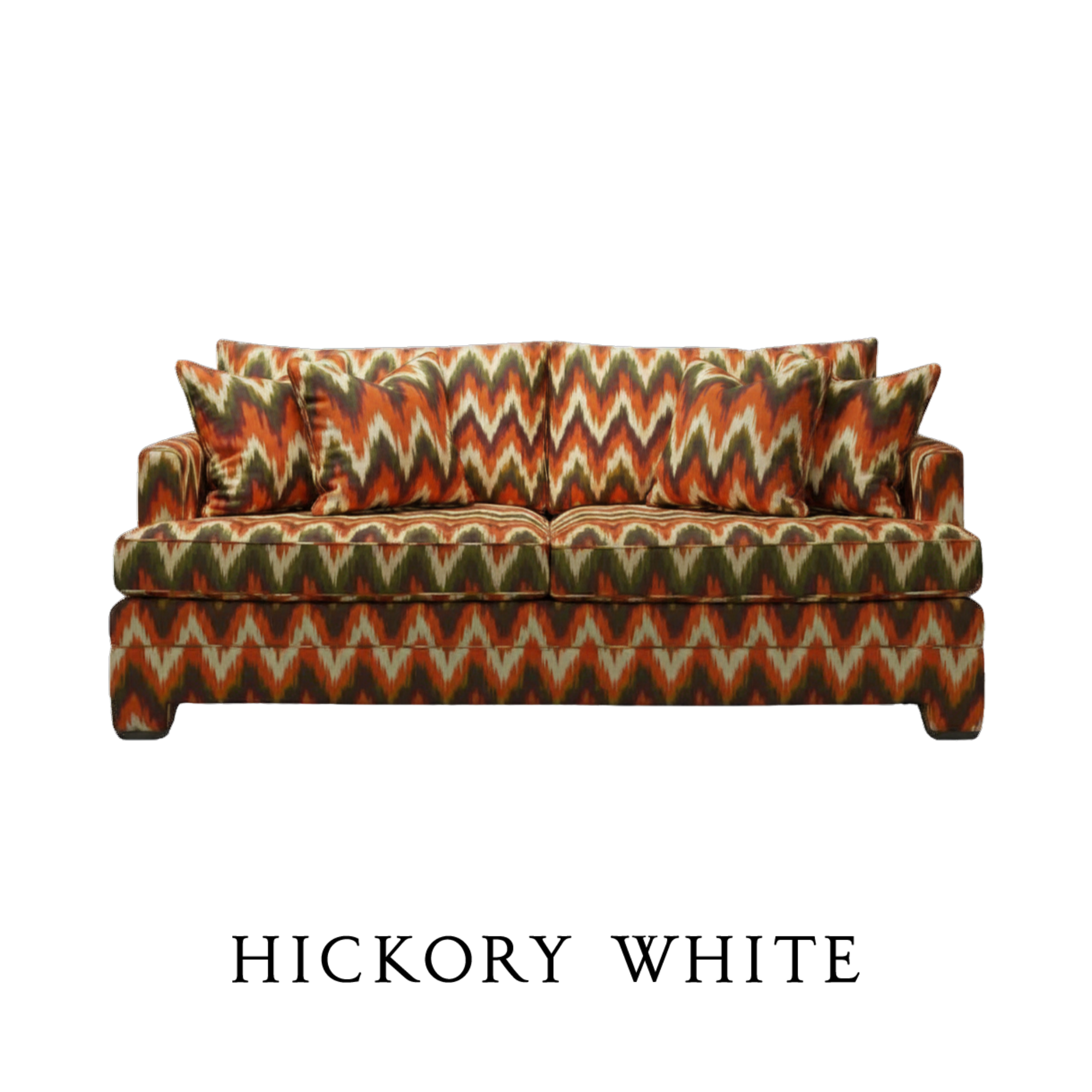 Image of a Hickory White sofa with orange, green, and cream patterned cushions and pillows.