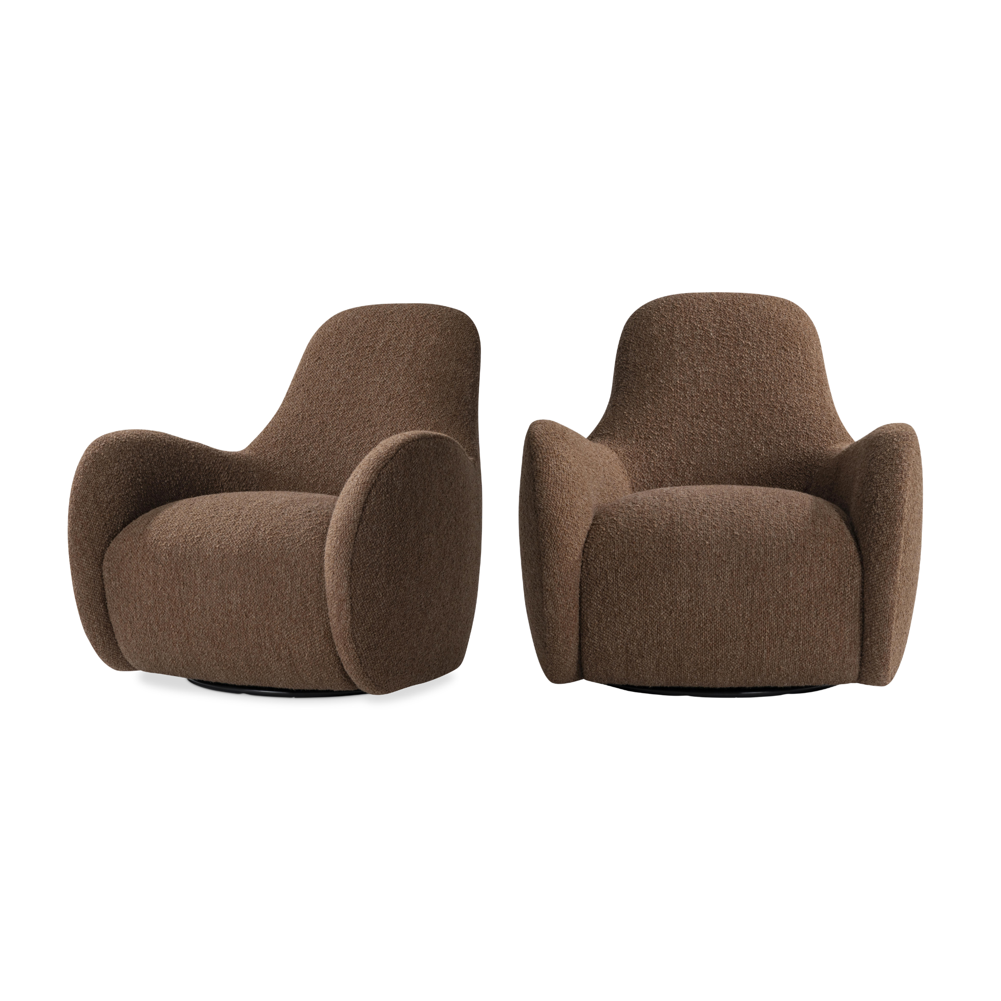 Two modern Belgian brown upholstered armchairs with curved armrests made by verellen furniture.