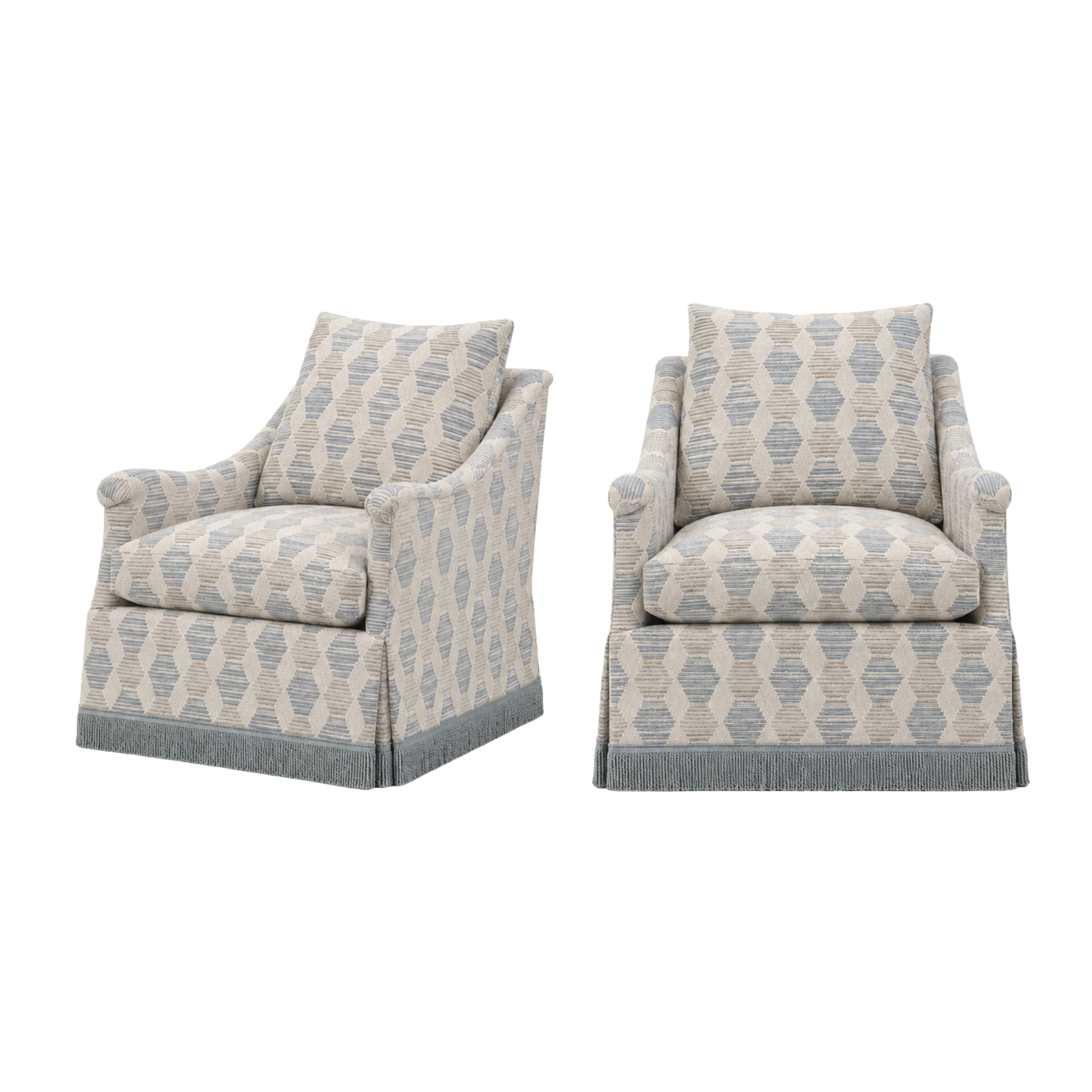 Two upholstered swivel armchairs with matching patterned fabric from Hickory White with custom upholstery from Stout textiles.