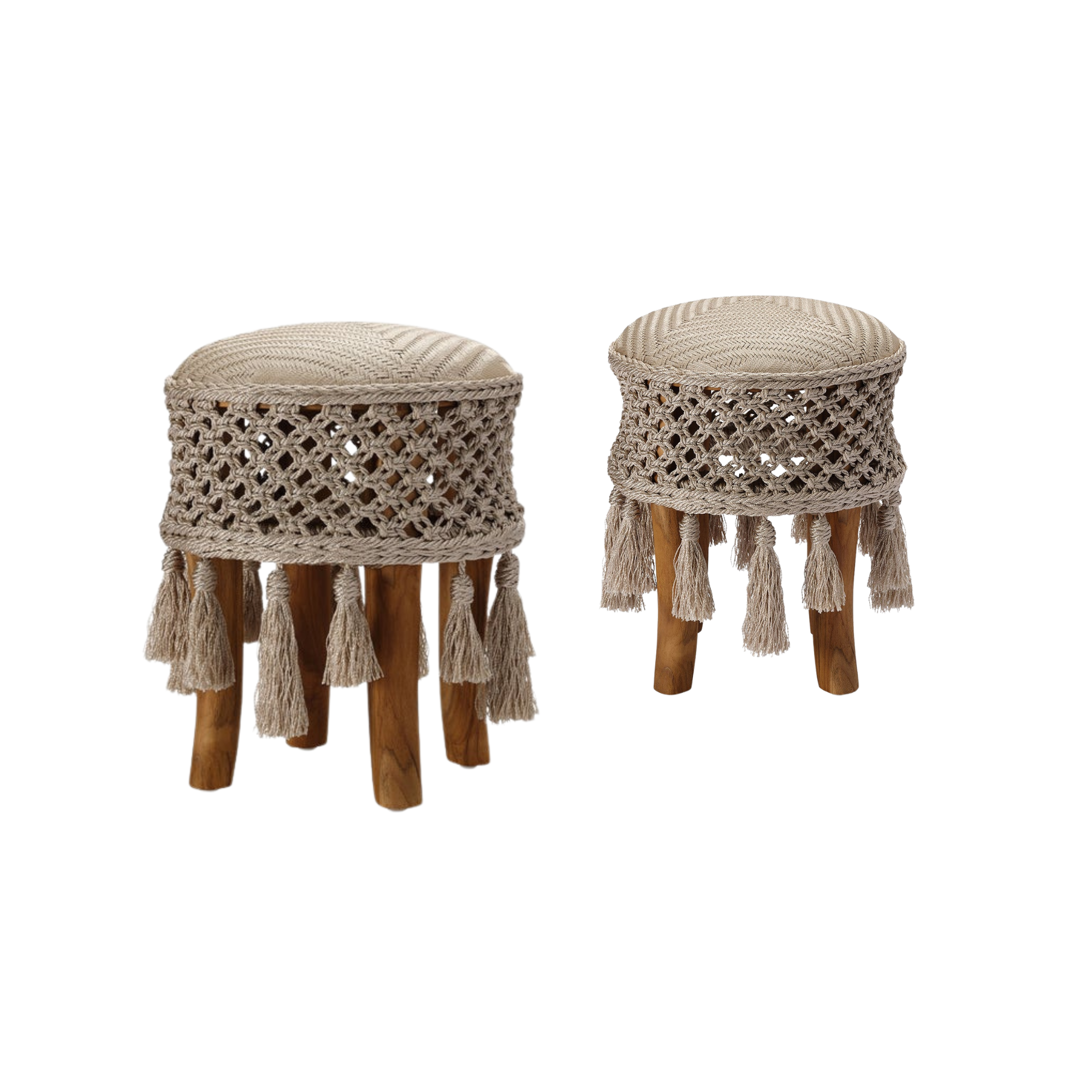Two Made Goods customized wicker stools with woven tops and fringed hems, made of natural materials.