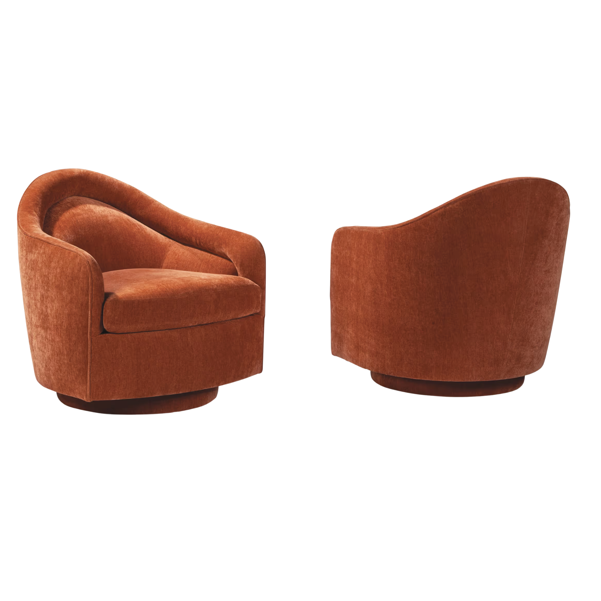 Two orange velvet armchairs with COM fabric from Thayer Coggin.