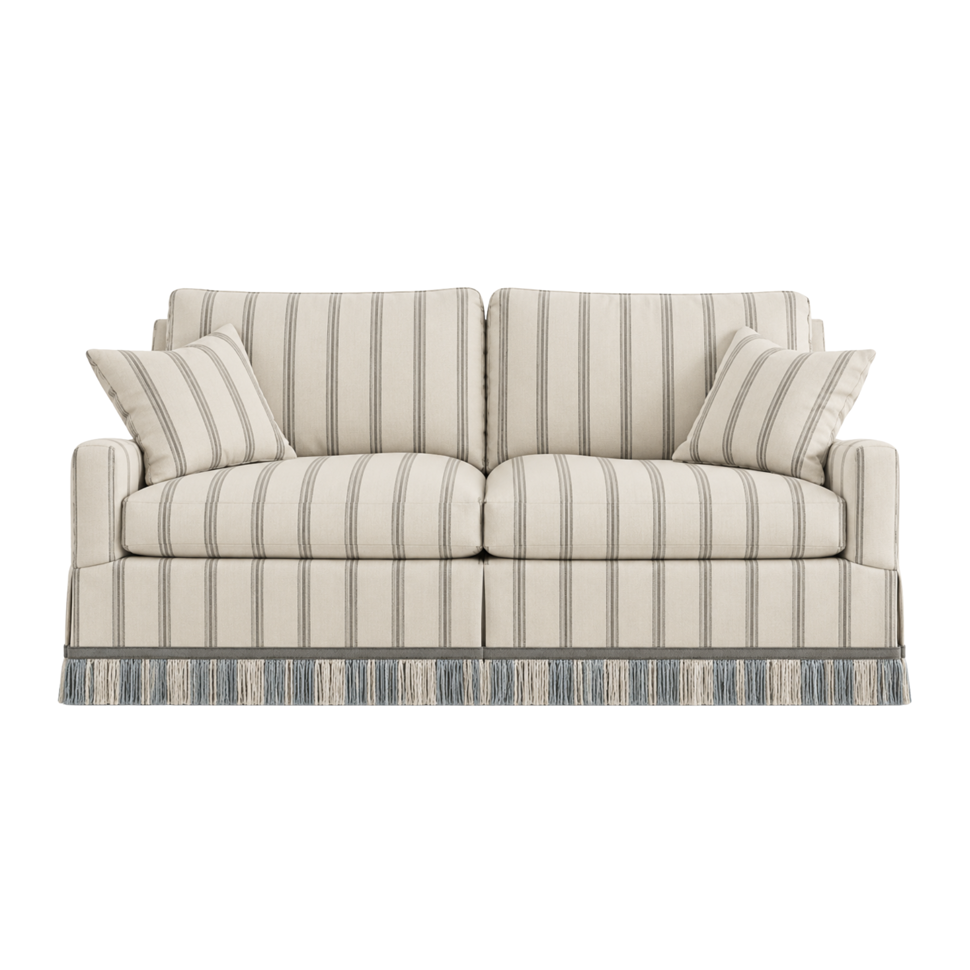 A customized LEE Industries sofa with fabric and trim from Schumacher.