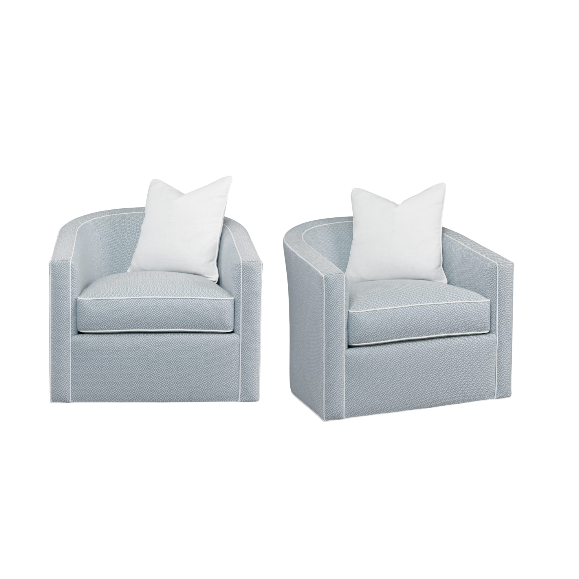 Two light blue armchairs with white pillows, provided custom from Hickory White.