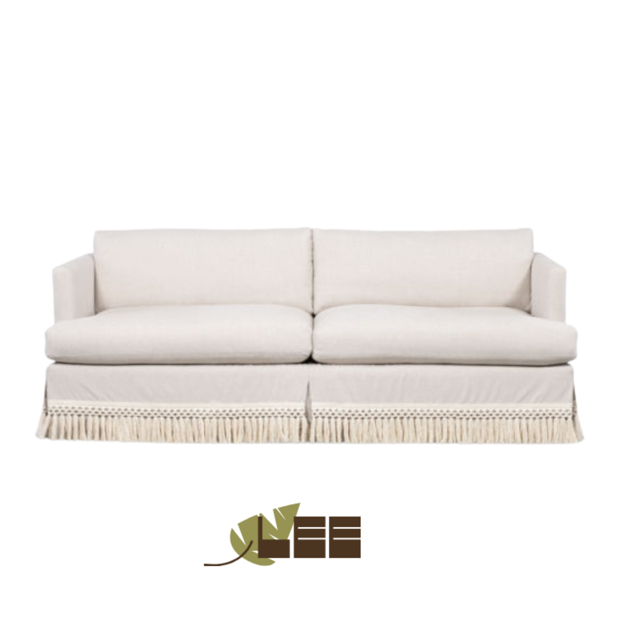 A beige sofa with a woven fringe at the bottom custom made by LEE Industries.