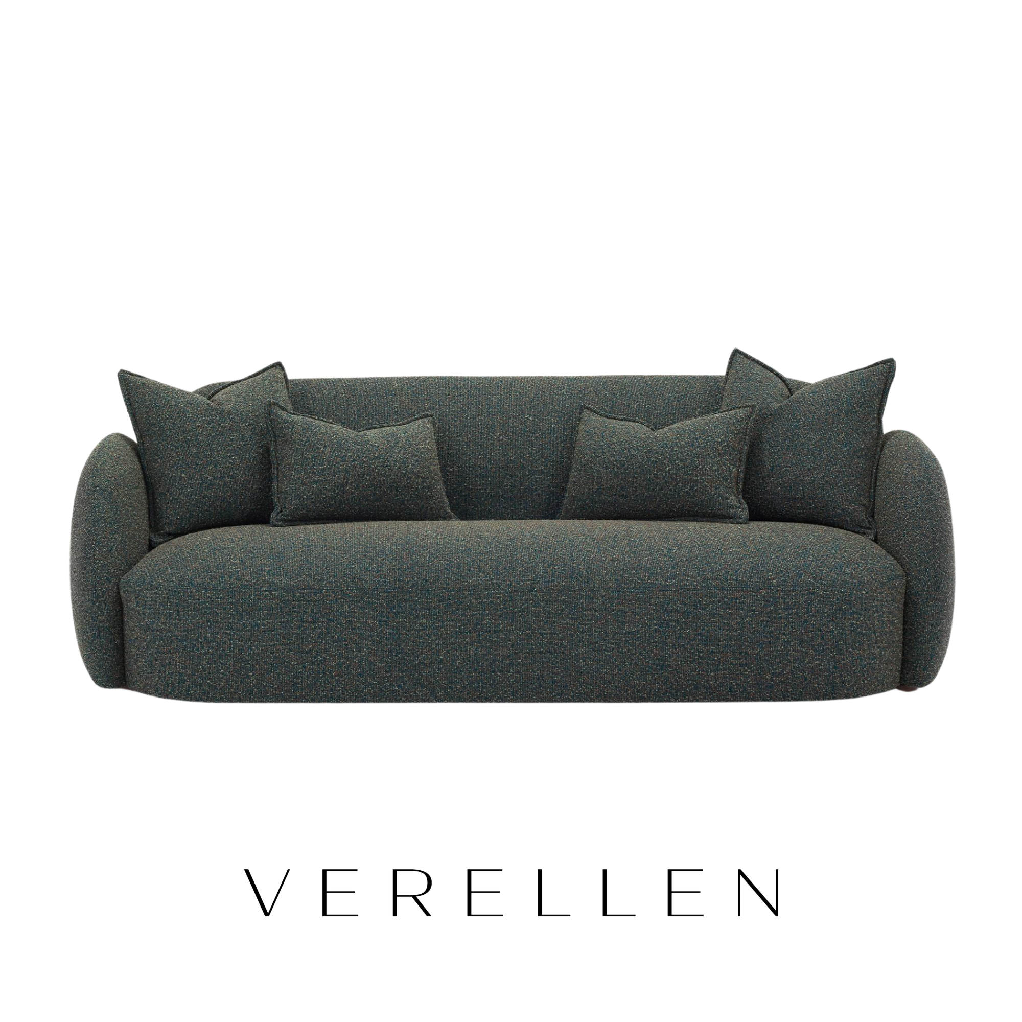 A modern designed dark gray sofa with a curved shape and multiple matching pillows custom made by Verellen furniture.