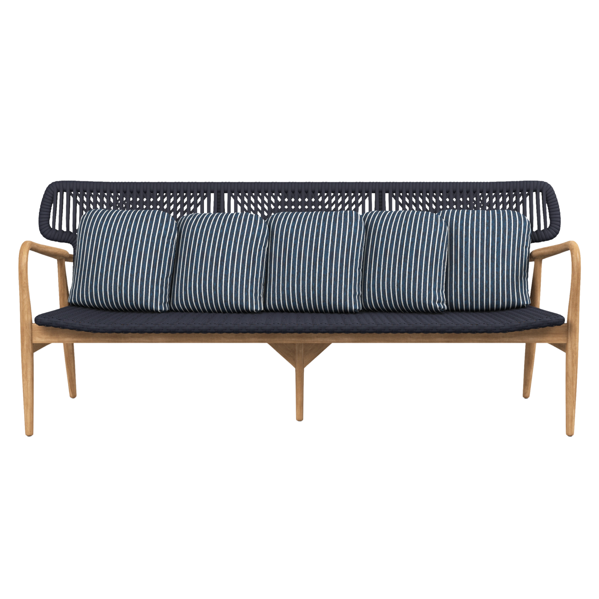 A modern wooden outdoor sofa with blue and white striped cushions and black woven backrest.