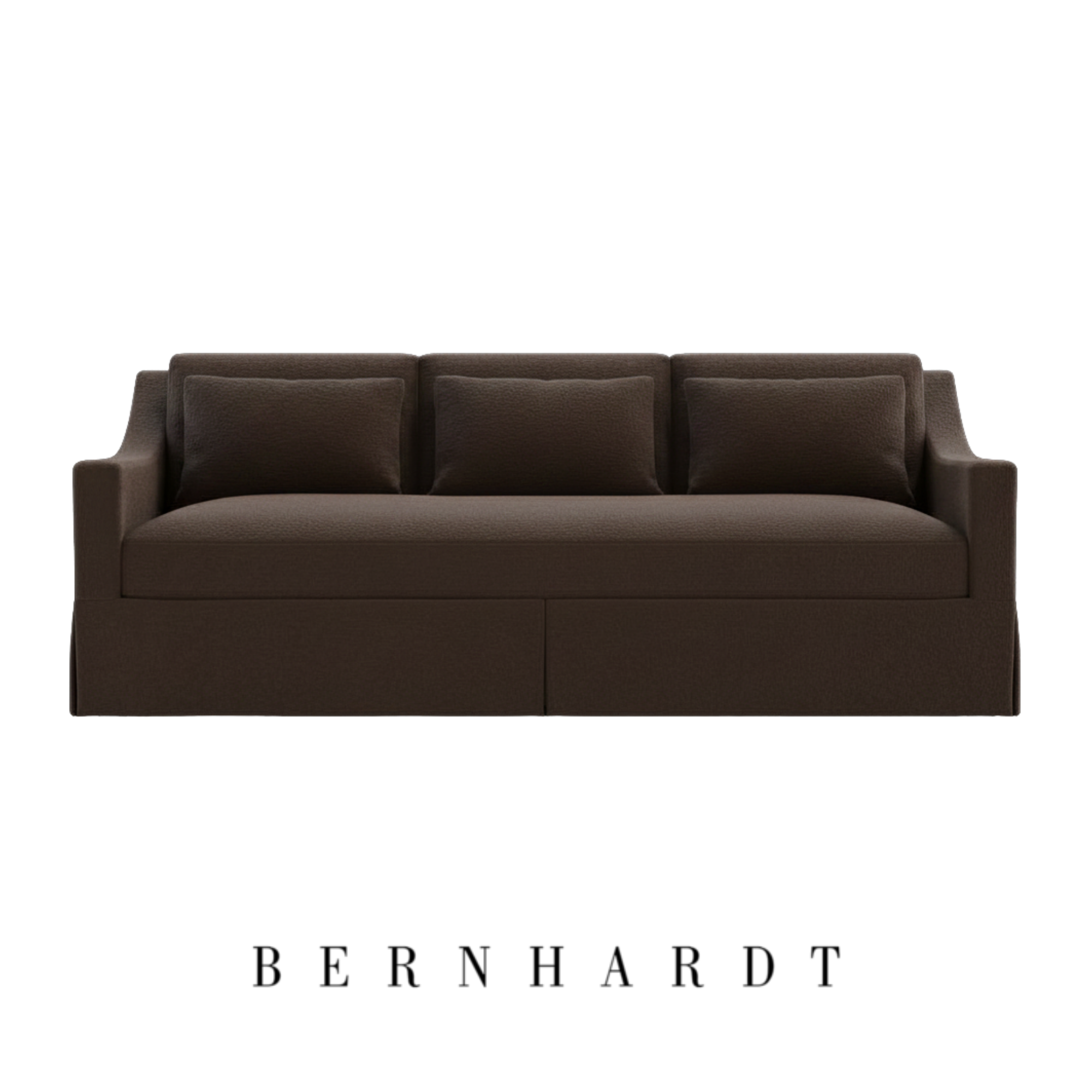 A brown Bernhardt sofa with three cushions and custom fabric.