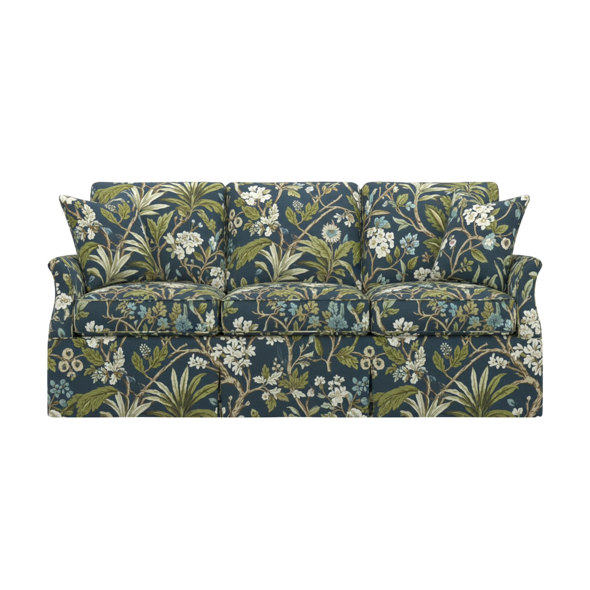 A floral-patterned sofa with green, white, and blue flowers from Hickory White furniture.