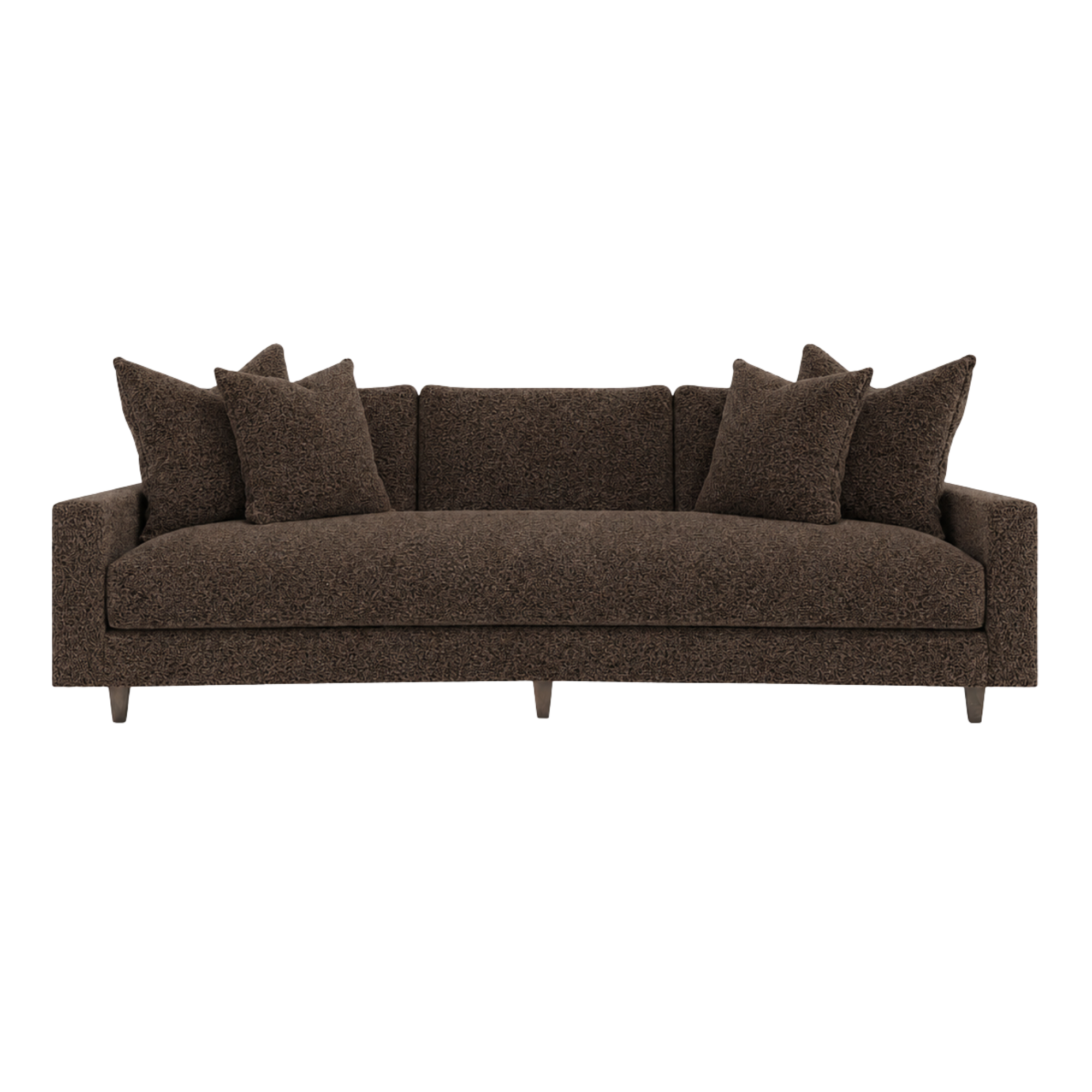 Custom COM brown upholstered sofa with patterned cushions made from Samuel & Sons fabric, provided by Bernhardt.