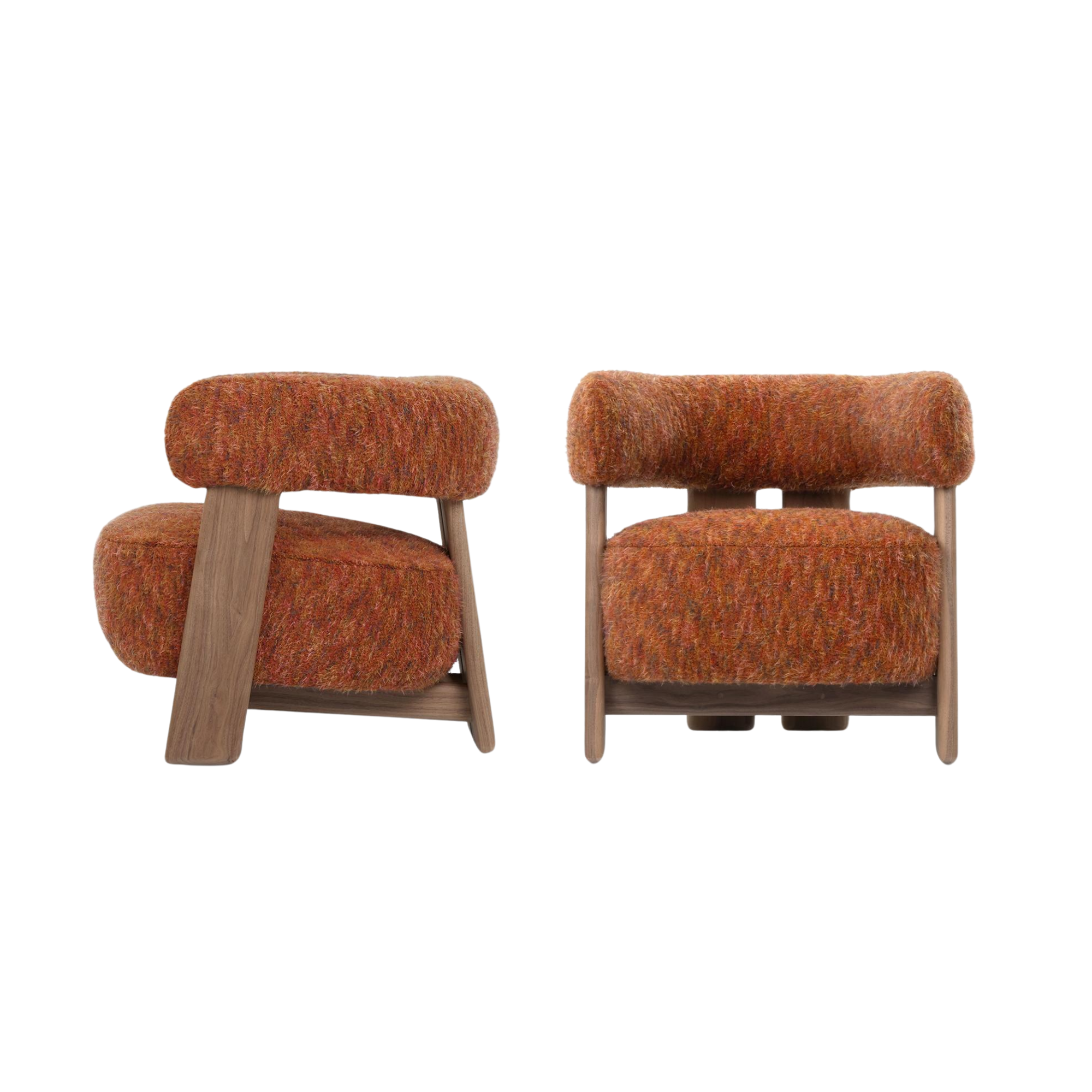 Four chairs with orange textured fabric seats and light wooden legs custom made by verellen furniture.