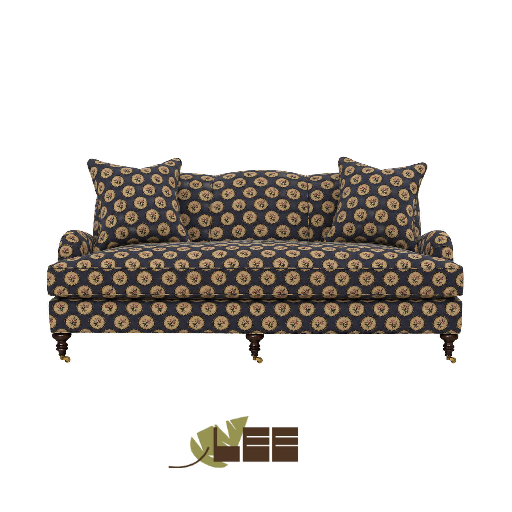 A custom COM sofa with a dark fabric pattern and decorative cushions upholstered in Mag fabrics and created by LEE Industries.