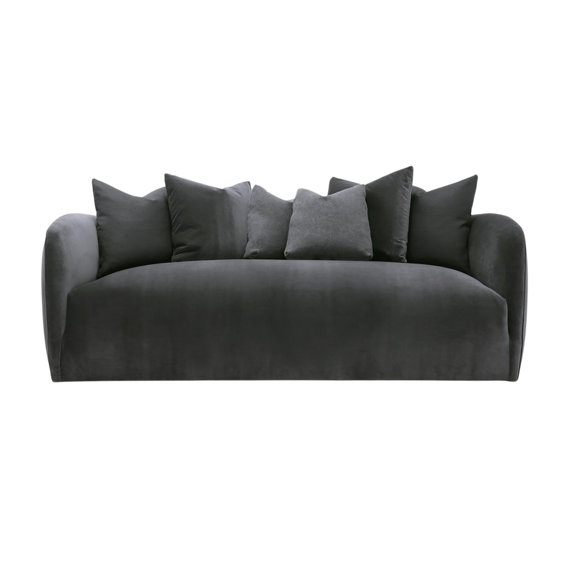 A Belgian black sofa with five dark gray pillows bespoke made by verellen furniture.