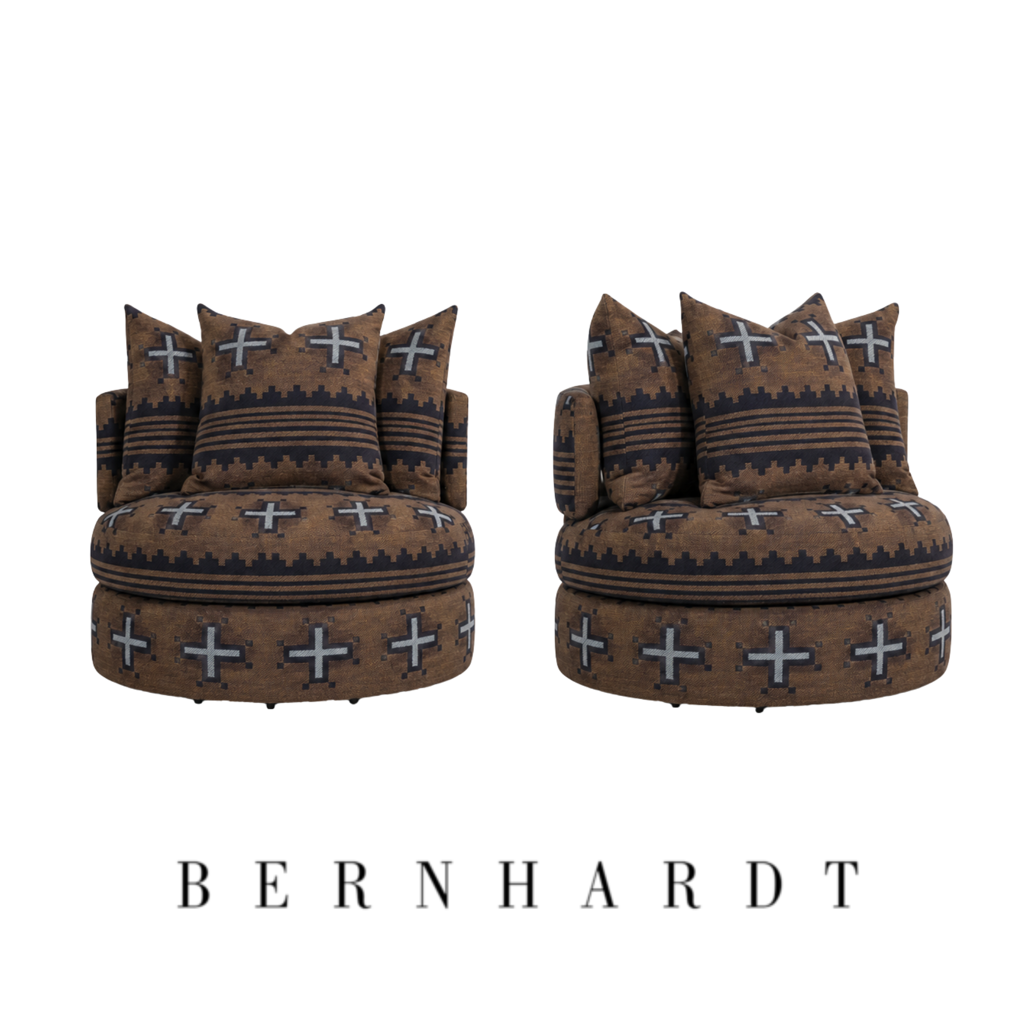 Two COM custom upholstered Bernhardt armless swivel chairs with patterned brown and black cushions featuring Stout fabric.
