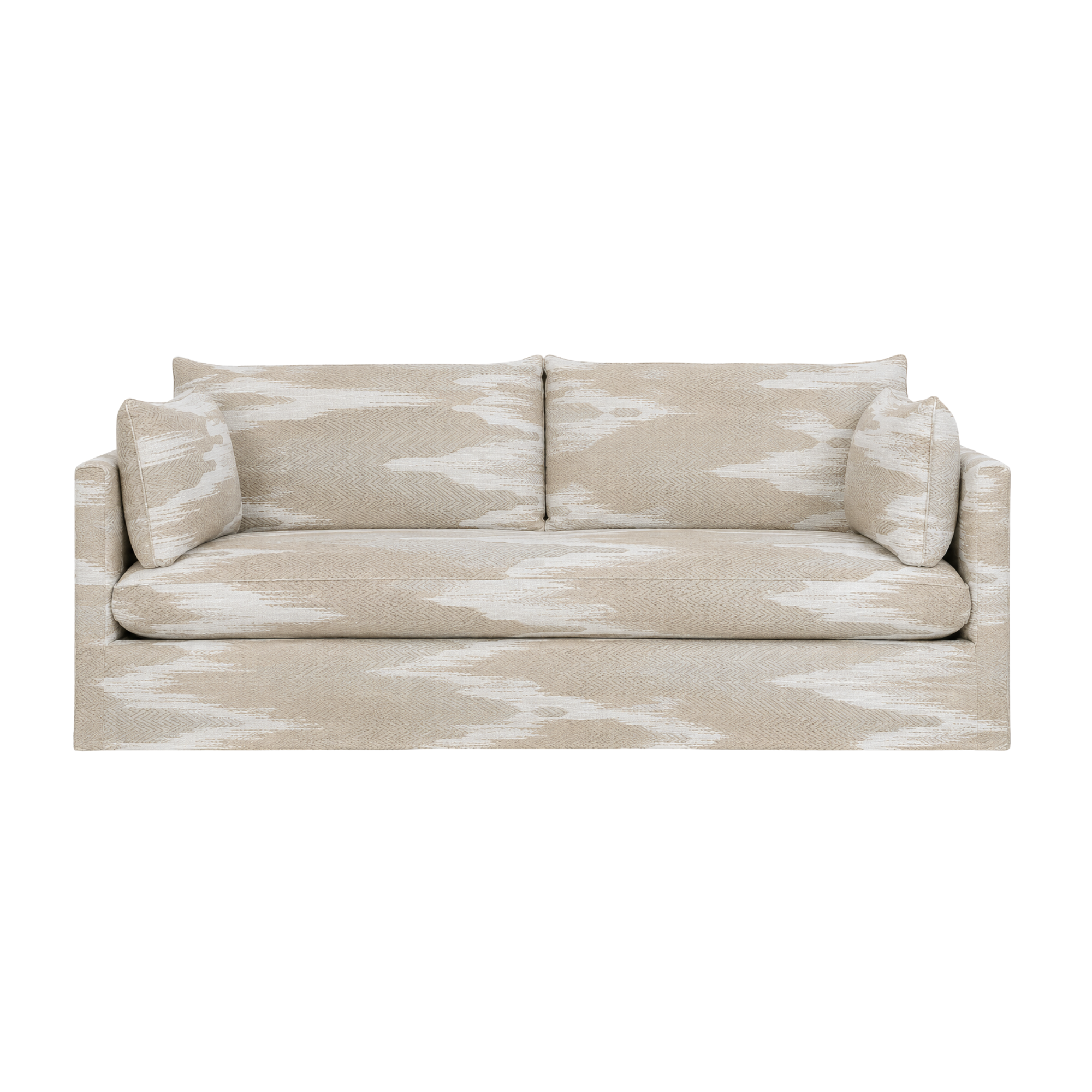 A custom upholstered light beige sofa with matching cushions with fabric from JAB textiles.